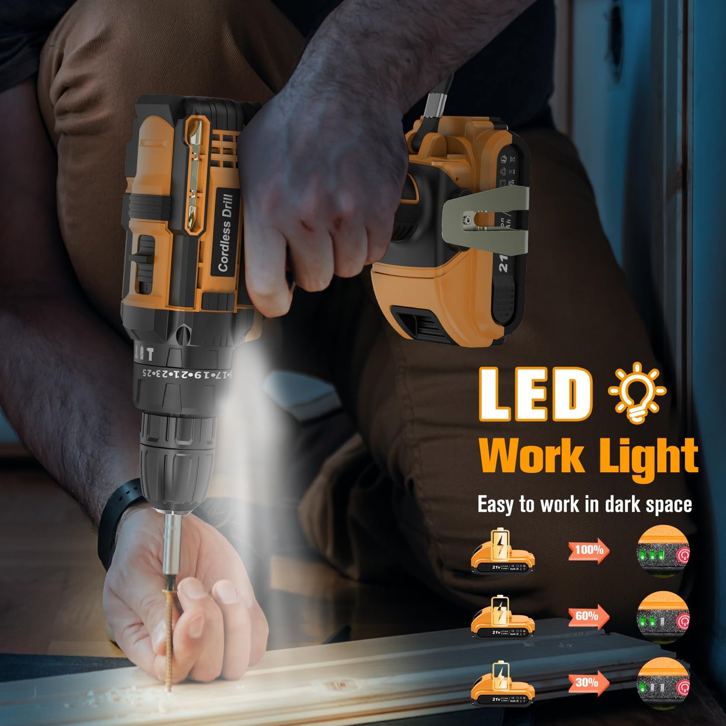 Cordless Drill Driver 21V, Cordless Hammer Drill with 2 Batteries 2000mAh, 25+3 Torque, 42N.m Max Electric Drill, 30PCS Drill Bits, 2 Speed, LED Light for Home and Garden DIY Project
