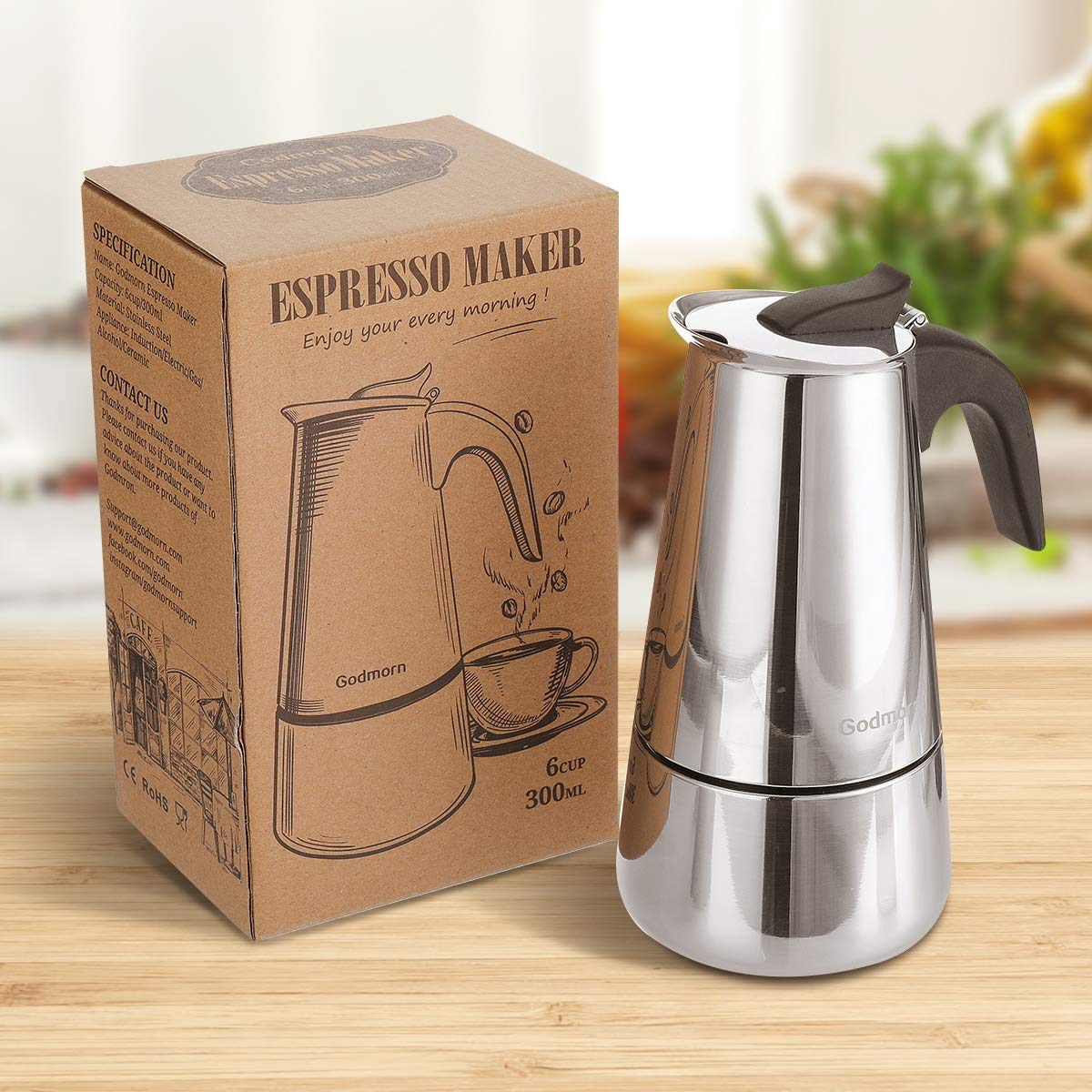 - Godmorn Stovetop Espresso Maker| Italian Coffee Maker Moka Pot | 300ml/6 Cup (Espresso Cup=50ml) -