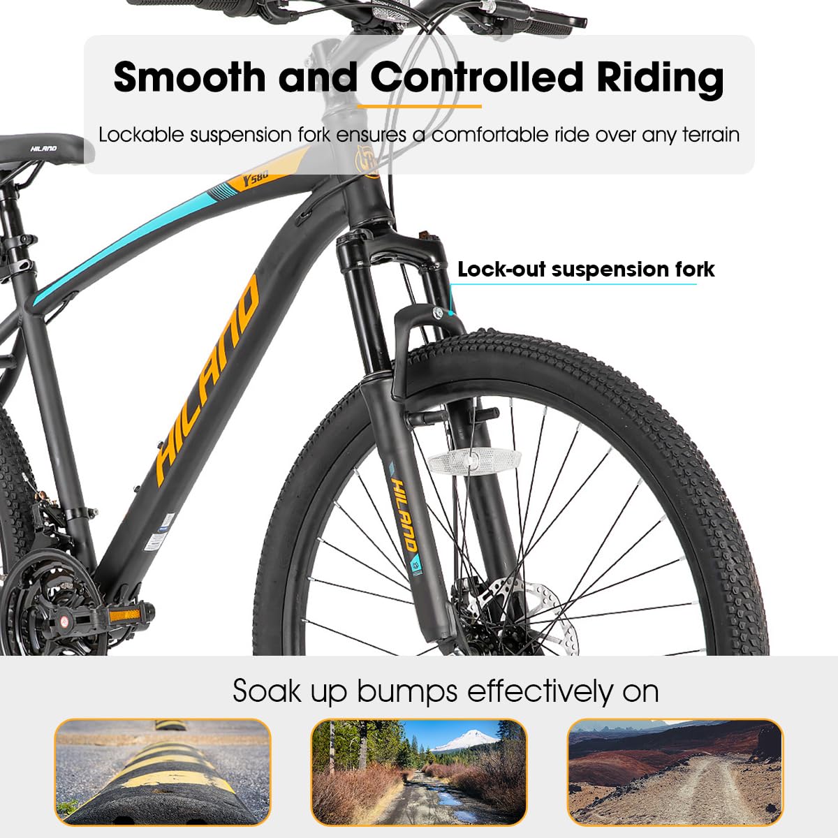 - Hiland 26 Inch Mountain Bike, 21 Speed MTB Bicycle with High Carbon Steel Frame, Suspension Fork, Dual-Disc Brake, for Adult youth, Men Womens Bikes orange black