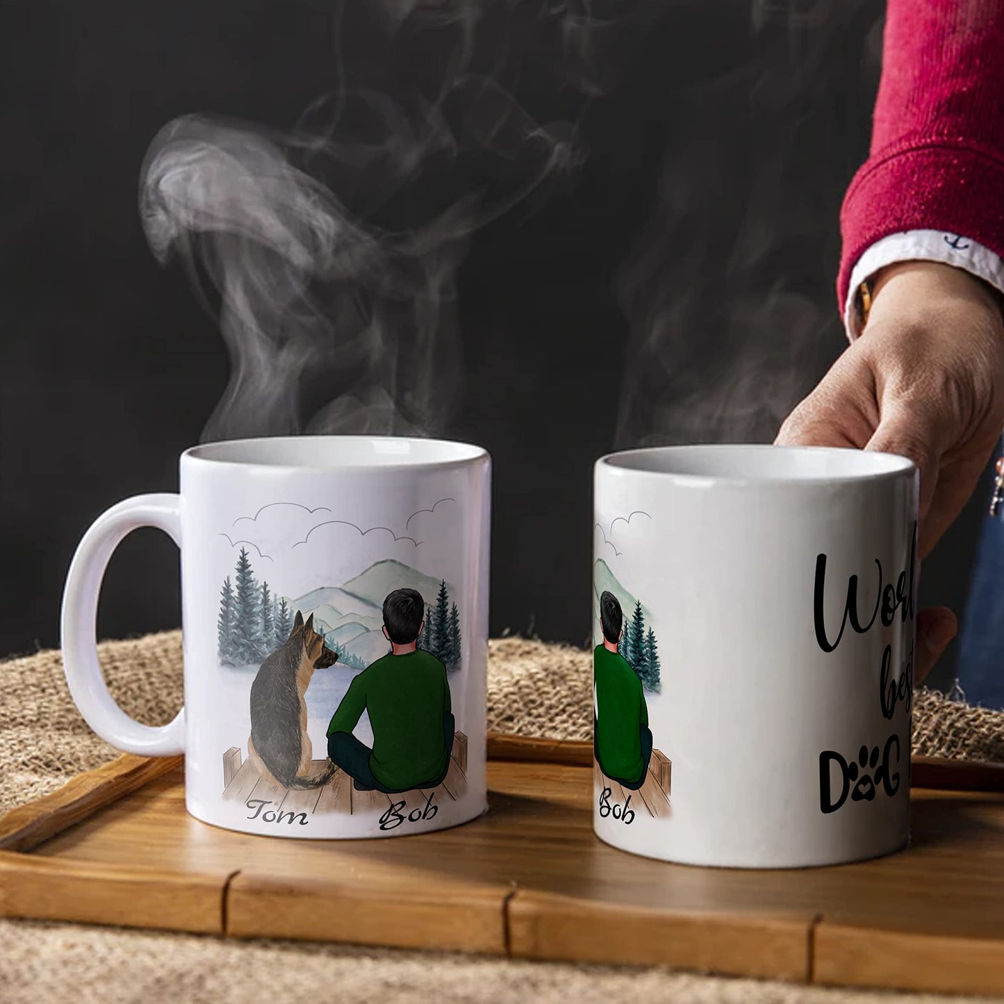 4GIFTSAKE Customised Boy Dog Coffee Mug - Ceramic Cup with Personalised Design for Dog Dad - Custom Names, Attire and Scenery - Unique Gift for Pet Lovers
