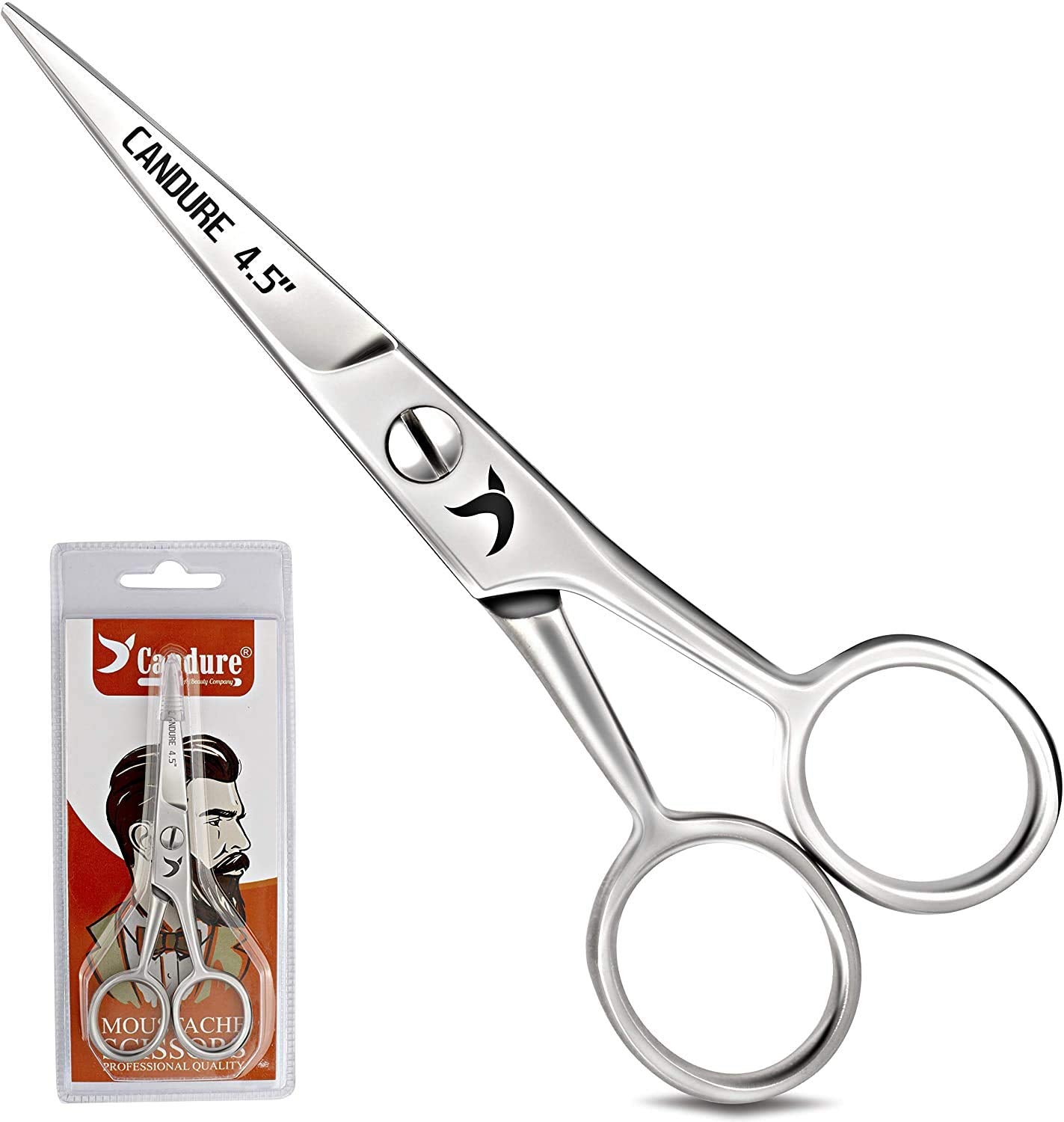 Candure Beard Scissors Professional Moustache Scissors Ear and Nose Hair Trimming Scissors Stainless Steel, Safety Use for Eyebrows, Eyelashes, and Ear Hair