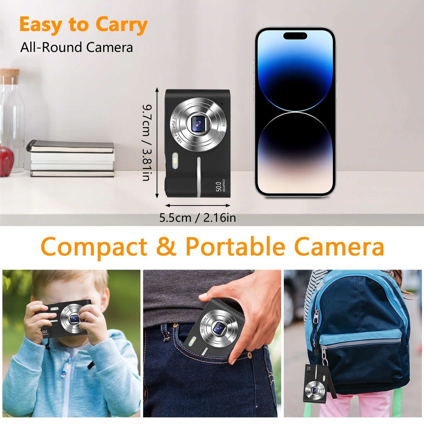 - Digital Camera | 1080P 50MP Vlogging Camera with 16X Digital Zoom | Compact Camera with 32GB SD Card and 2 Batteries -