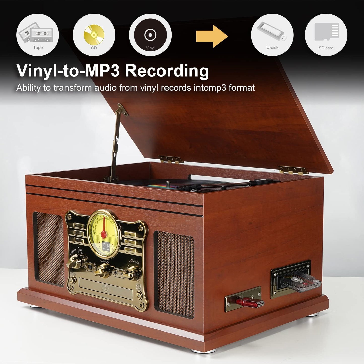 - 10-in-1 Bluetooth Record Player Multifunctional 3-Speed Turntable for Vinyl Record with Stereo Speaker,LP Vinyl to MP3 Converter with CD, Cassette Player,FM Radio,Wireless Music Streaming | Mahogany