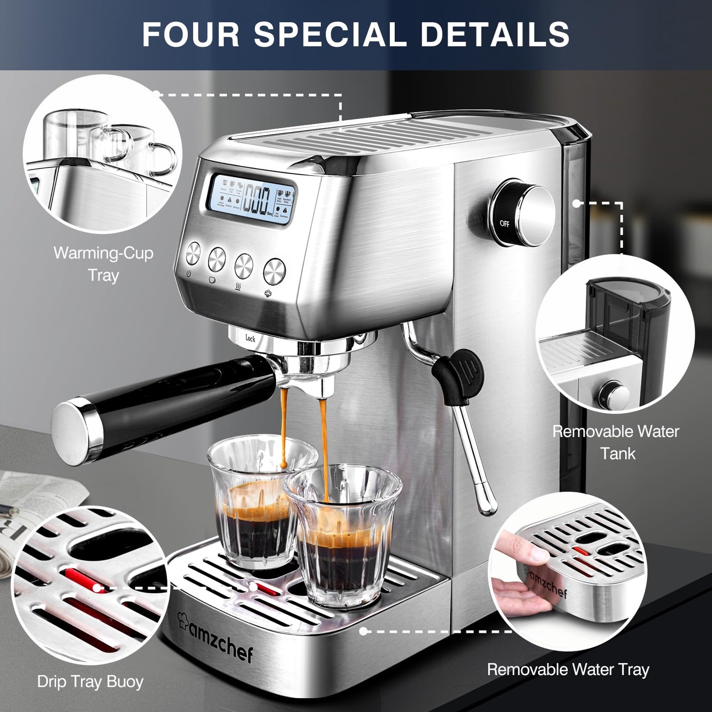 AMZCHEF 20 Bar Espresso Coffee Machines with LCD Panel and Steam Milk Frother, Compact Cappuccino and Latte Machine, All In One Coffee Machine for Home Use with 1.3L Removable Water Tank, 2 Filters