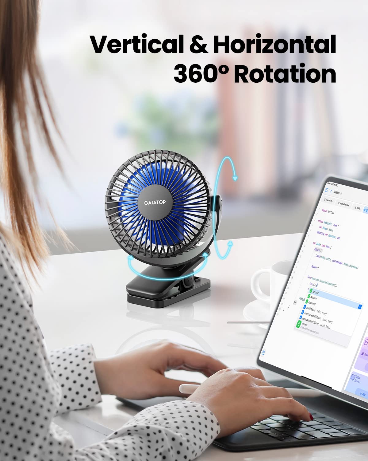 - gaiatop Portable Clip on Fan | Battery Operated | Small Powerful USB Desk Fan | 3 Speed Quiet Rechargeable Mini Table Fan -