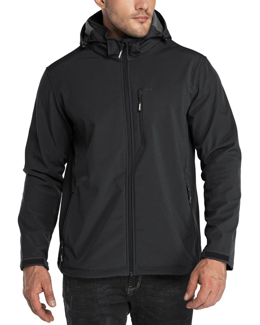 33,000ft Men's Waterproof Jackets Fleece Lining Softshell Jacket - Multi Pockets Outdoor Windproof Coat With Detachable Hood Black XL