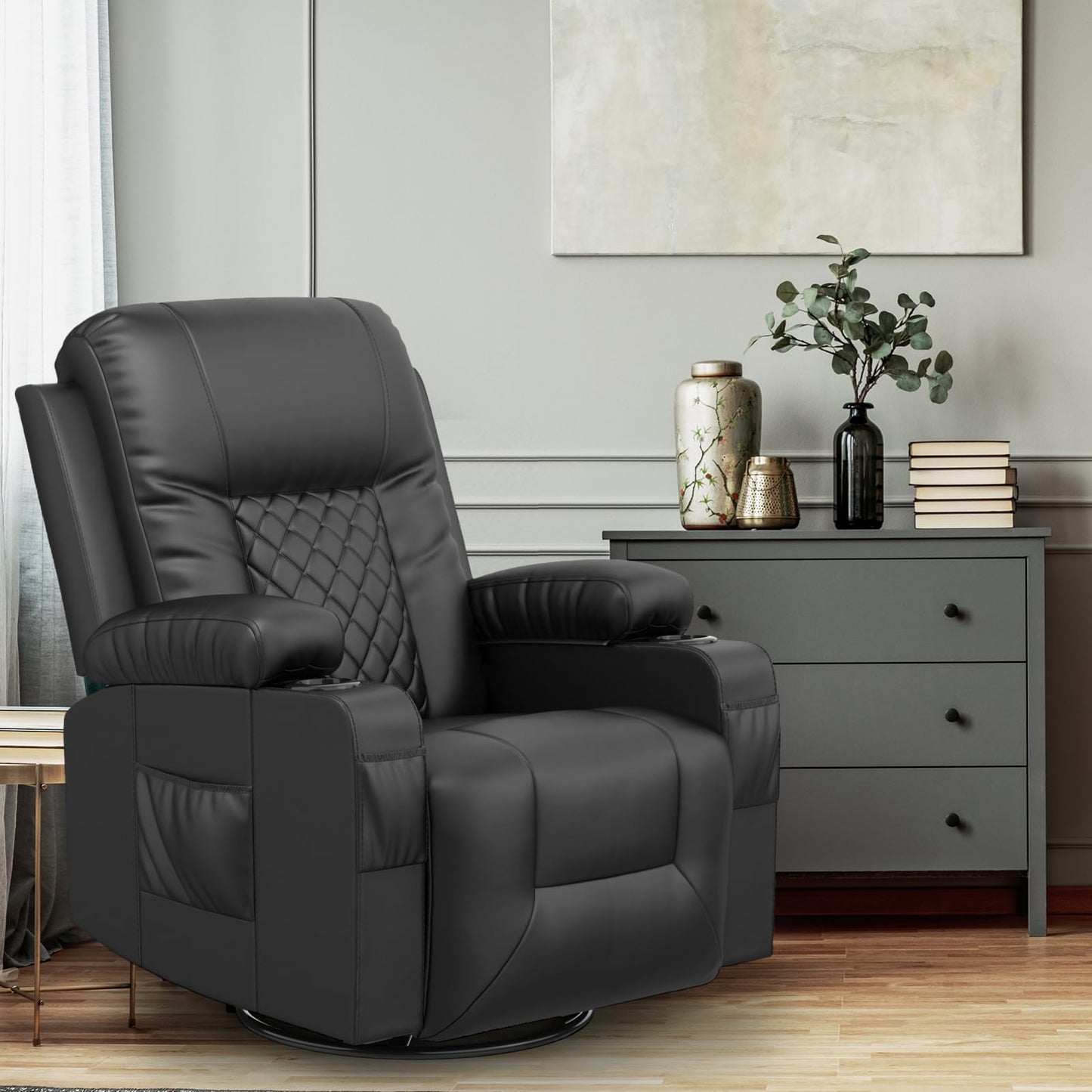 - YONISEE Recliner Chair, Swivel Recliner Rocker Chairs with 360° Rotate & 125° Rocking Mechanism, Extended Footrest, Swivel Armchair Single Sofa Living Room Lounge with Drink Holders & Side Pockets