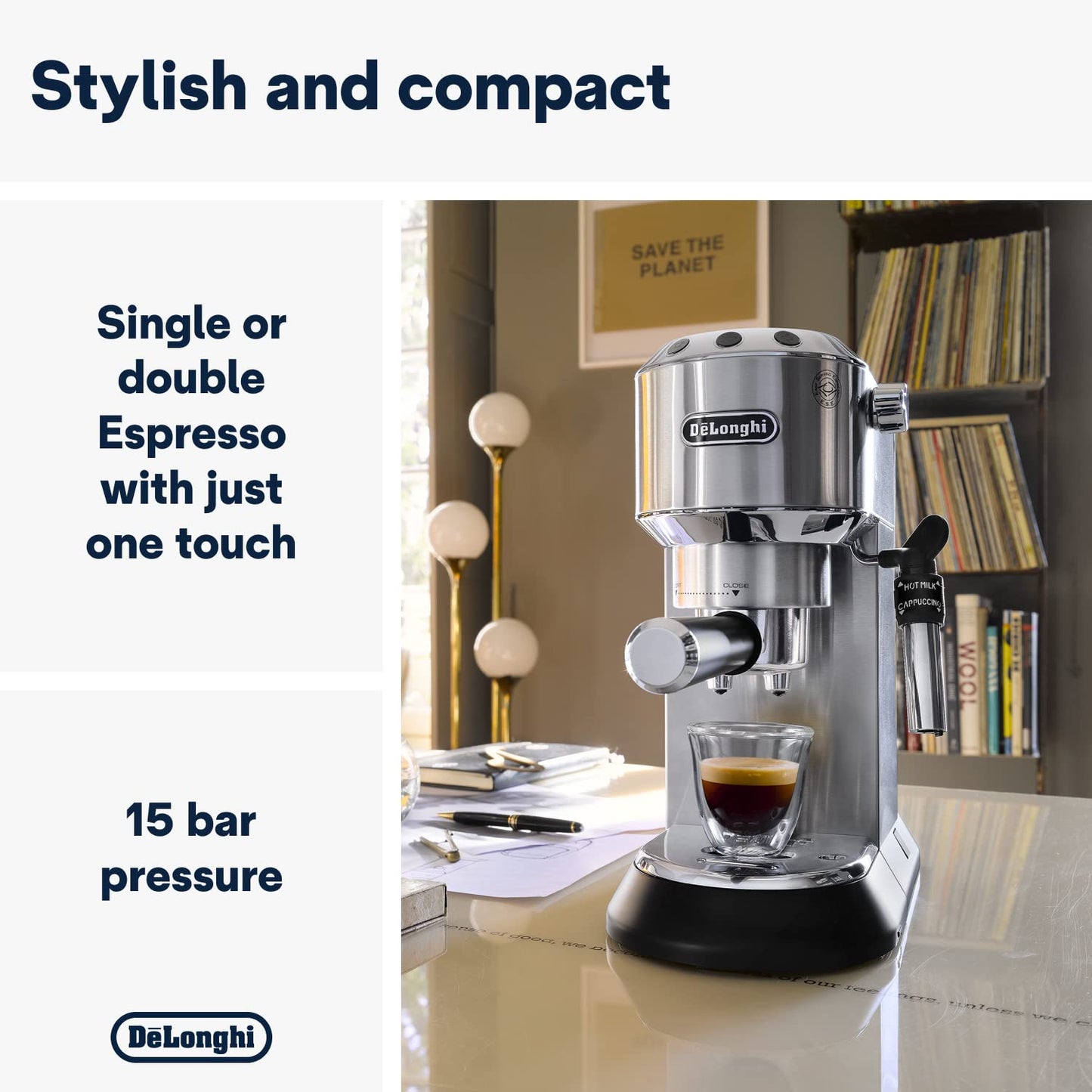 De'Longhi Dedica Style, Traditional Pump Espresso Machine, Coffee and Cappuccino Maker, EC685M, Silver