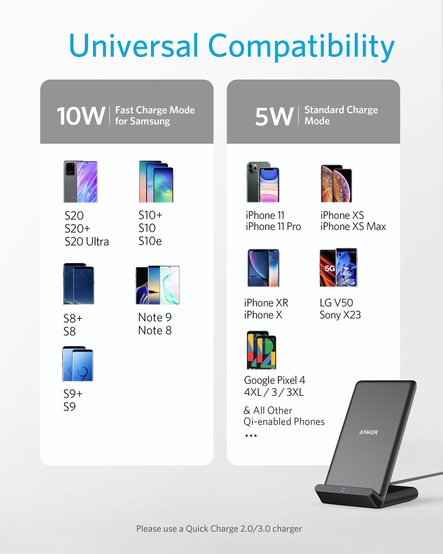 Anker Wireless Charger, PowerWave Stand, Qi-Certified for iPhone 15/14/13/12 Series, SE, 11, 11 Pro, 11 Pro Max, XR, Xs Max, 10W Fast-Charging Galaxy S20 S10 S9 S8, Note 10 (No AC Adapter)