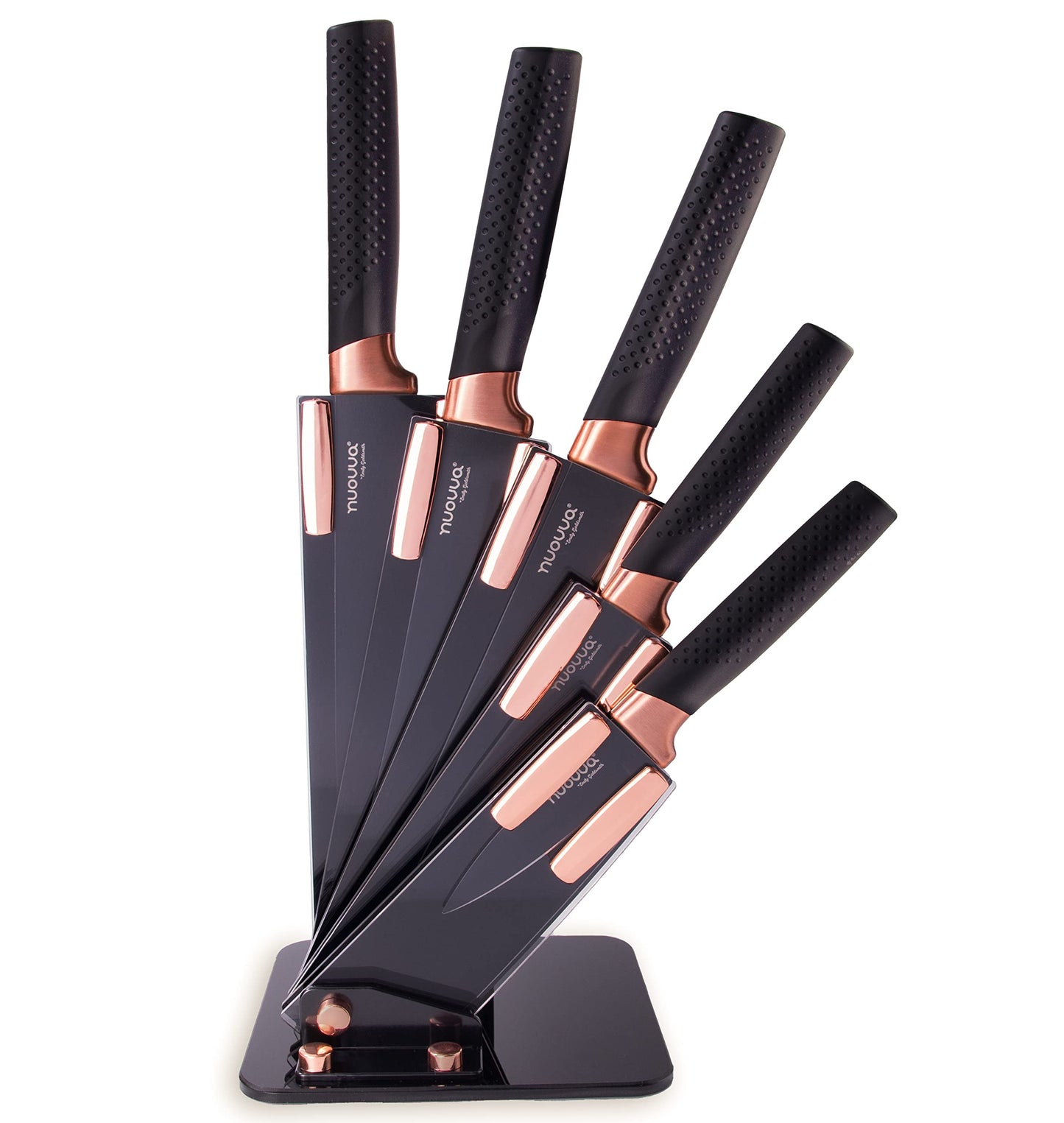 - Kitchen Knife Block Set Copper 5 Piece Set with Knives Clear Acrylic Block Stainless Steel Blades - by Nuovva