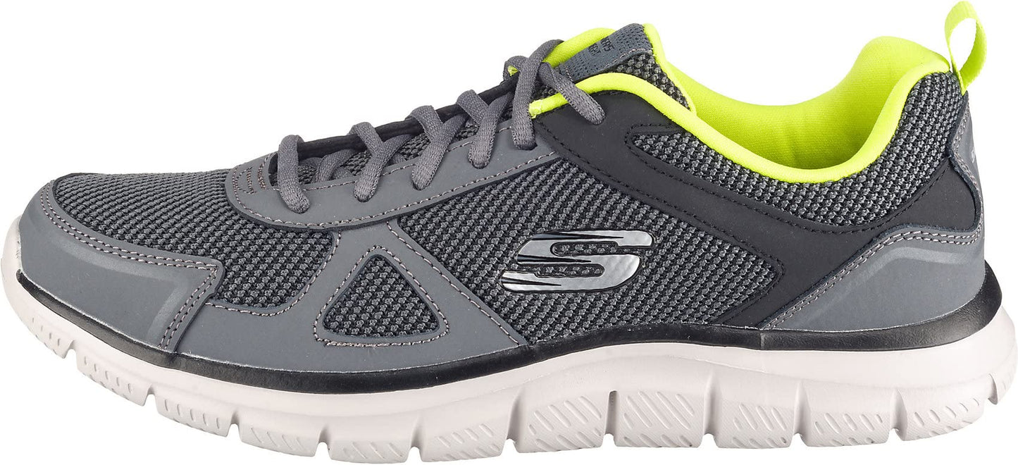- Skechers Men's Track Bucolo Trainers | Charcoal Black Leather Mesh Lime Trim -