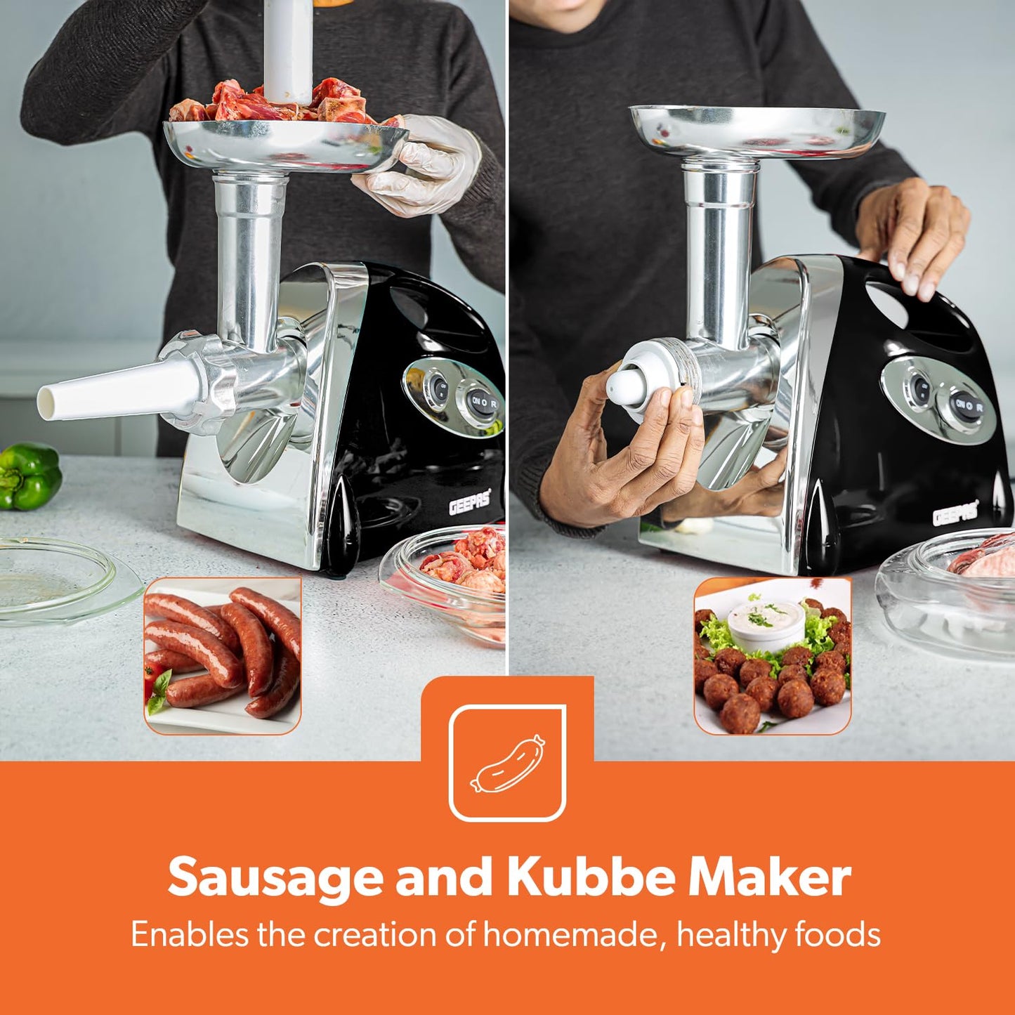 - Geepas Electric Meat Grinder | Stainless Steel Meat Mincer & Sausage Stuffer -