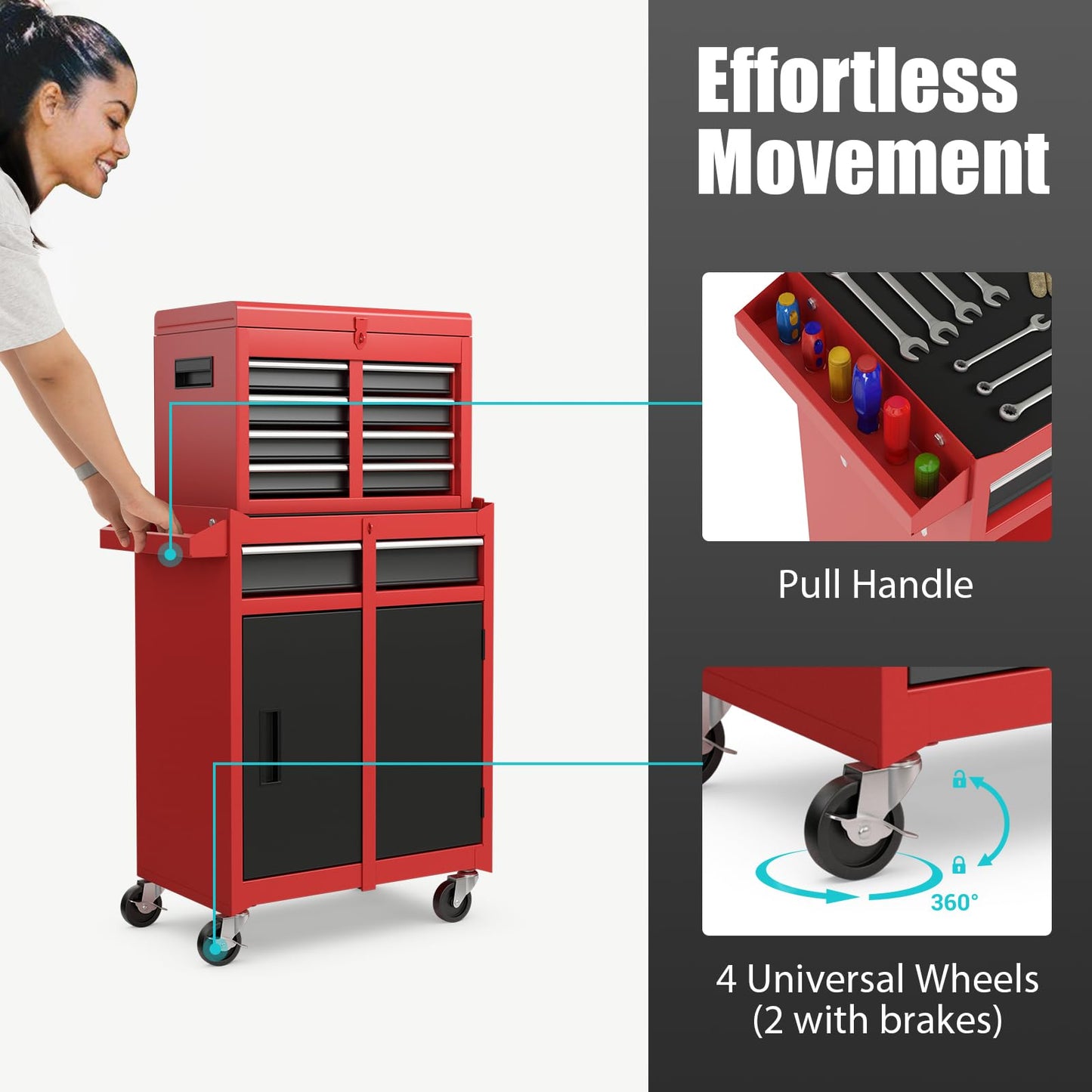 COSTWAY Large Rolling Tool Cabinet, 2-in-1 Detachable Metal Tool Chest with Drawers, Wheel, Handle, Hooks & Pegboard, Lockable Tool Box Trolley for Garage Workshop (with Adjustable Shelf, Red+Black)