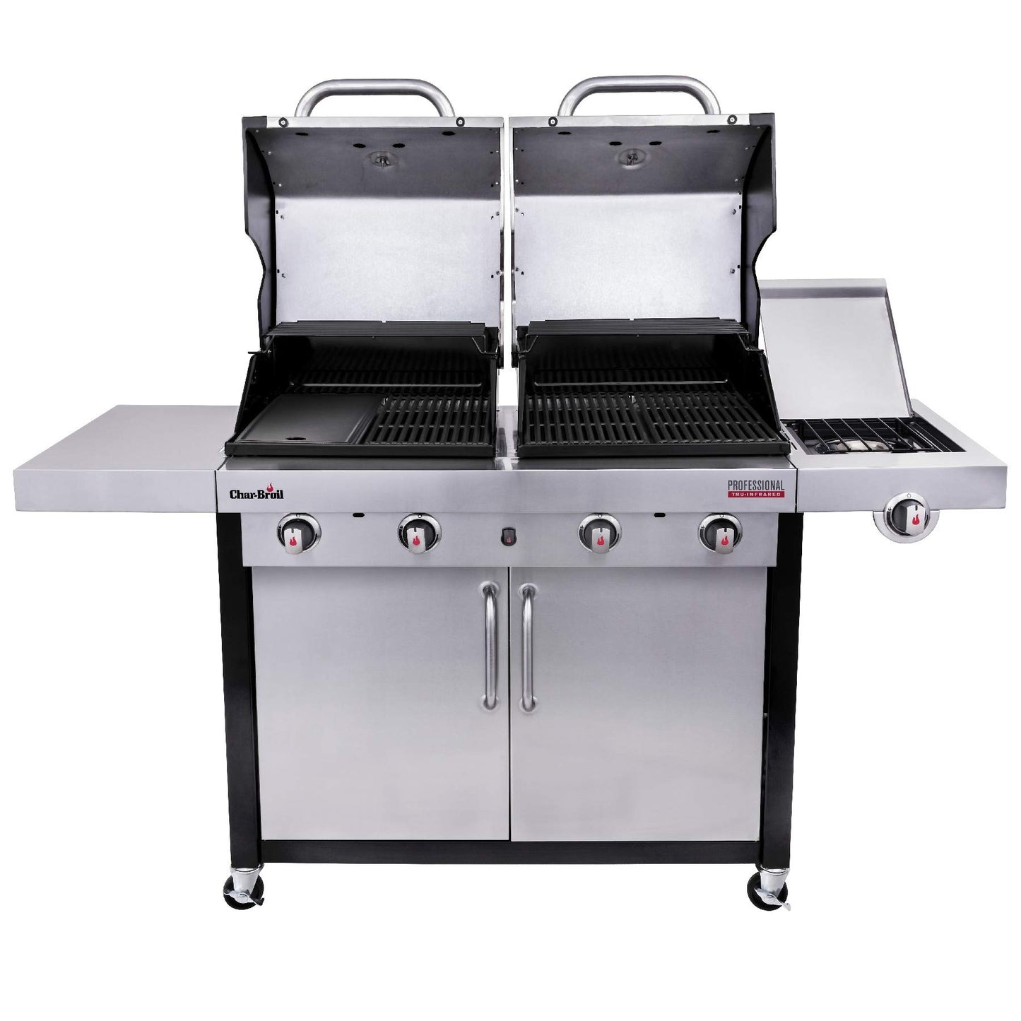 Char-Broil Professional Series 4600 S Double Header - 4 Burner Gas Barbecue Grill with TRU-Infrared Technology and Side-Burner, Stainless Steel Finish.