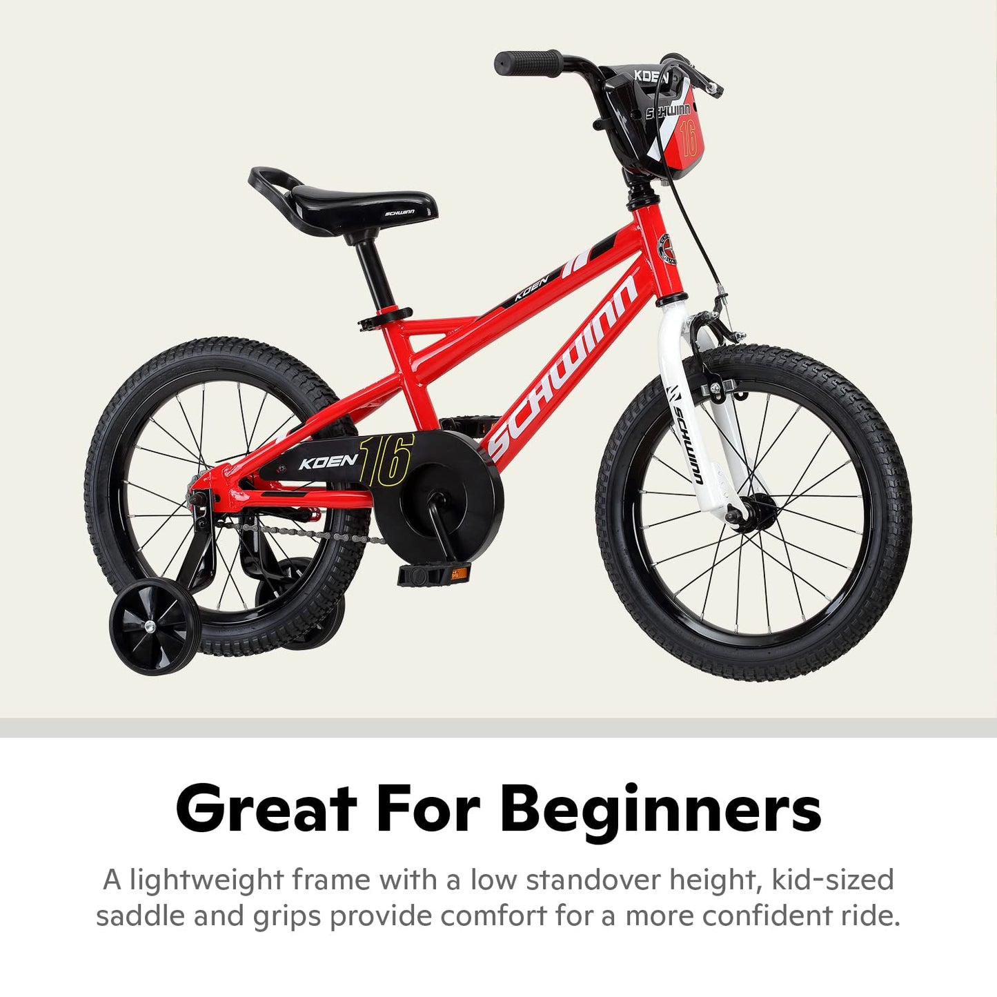 - Schwinn Koen Toddler and Kids Bicycle | 16-inch Tyres | Adjustable Seat | Stabilisers Included | Red -