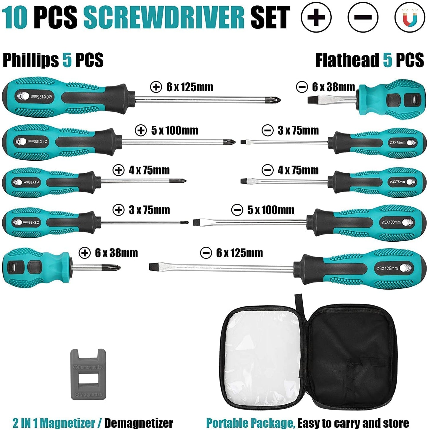 - WAIZHIUA 10Pcs Screwdriver Set, Heavy Duty Magnetic Screwdriver with 5 Flat & 5 Cross Head