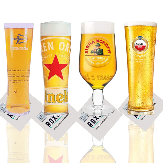 - Roxley Pint Glasses Set | Amstel, Moretti, Strongbow,Heineken | Pint Glass Set x4 Man Cave Made in UK -