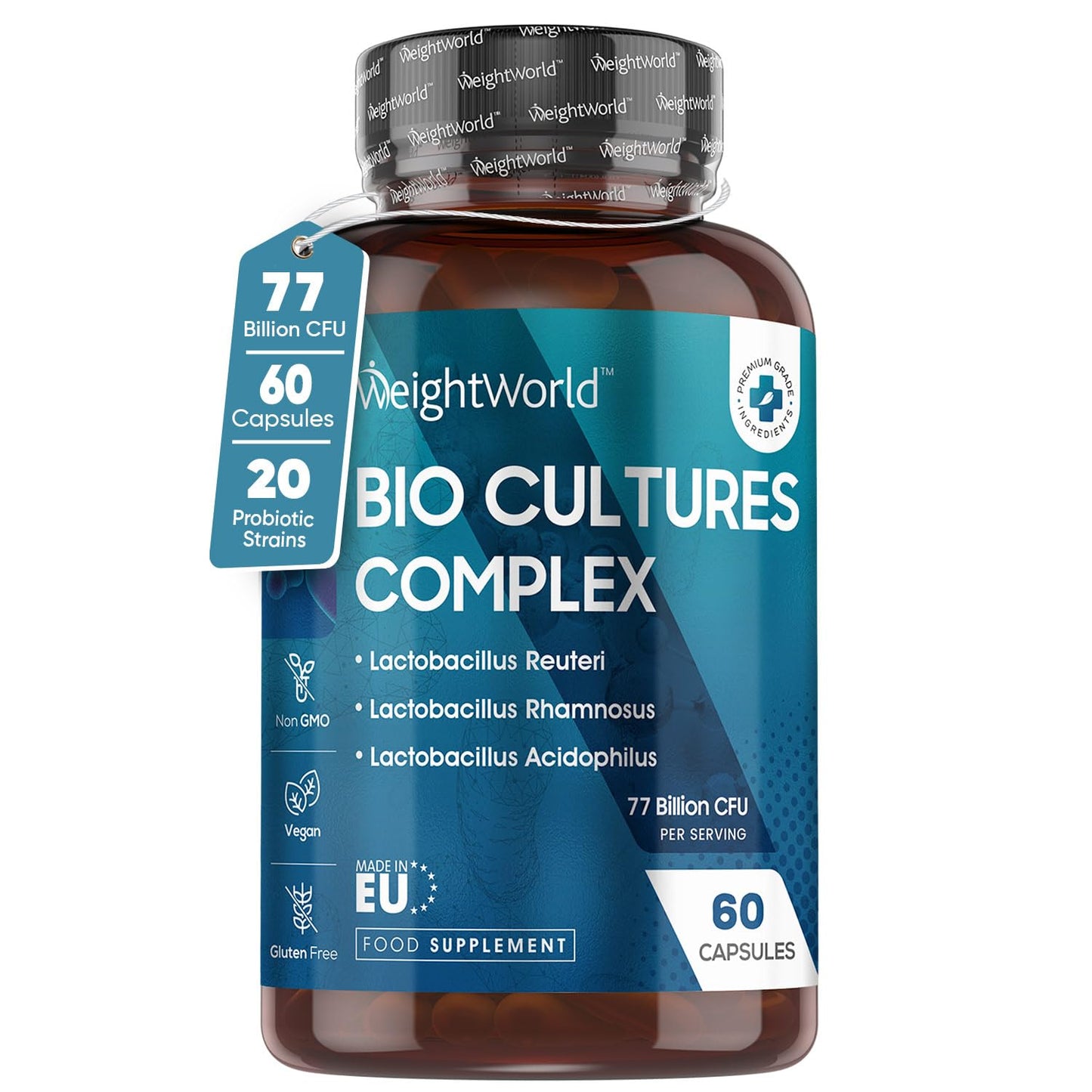 Bio Cultures Complex Probiotics and Prebiotics - 77 Billion CFU - 20 Live Bacterial Cultures - 60 Probiotic Complex Capsules for Women & Men - Lactobacillus Acidophilus, Gasseri, Rhamnosus & Reuteri