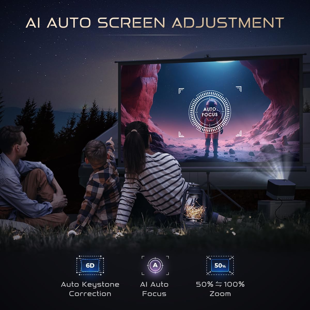 All-ln-One Projector 4K, AURZEN Boom 3 Smart Projector with WiFi and Bluetooth, 3D DoIby Audio & 36W Speakers, AI Auto Focus & Keystone, Netflix Official 4K Supported Home & Outdoor Projector