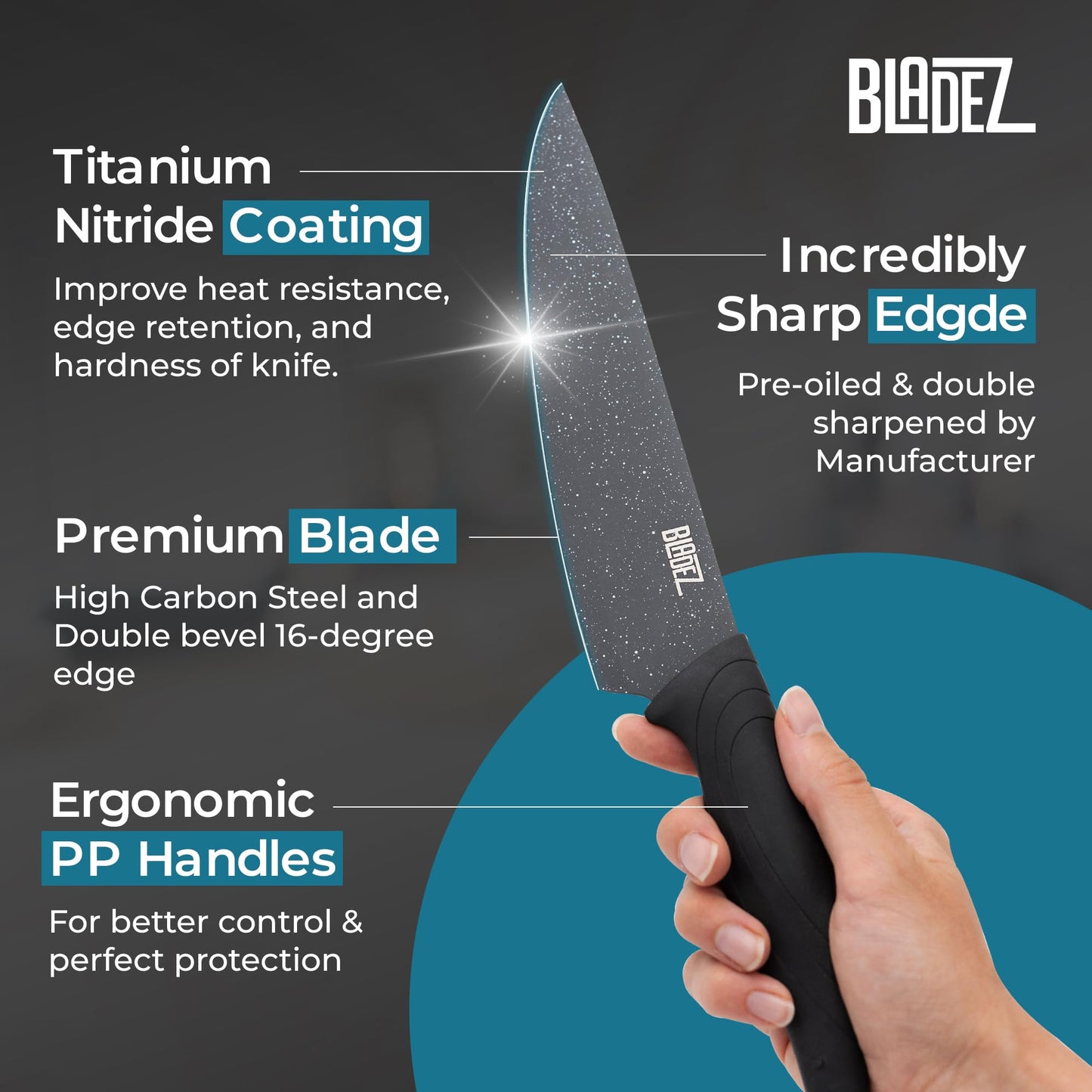 Bladez Professional Kitchen Knife Set, 5 Pcs Stainless Steel Kitchen Knives Set with Ultra Sharp Blade and Soft Handle, Includes Chef, Bread, Carving, Utility and Paring Knife, All in a Gift Box