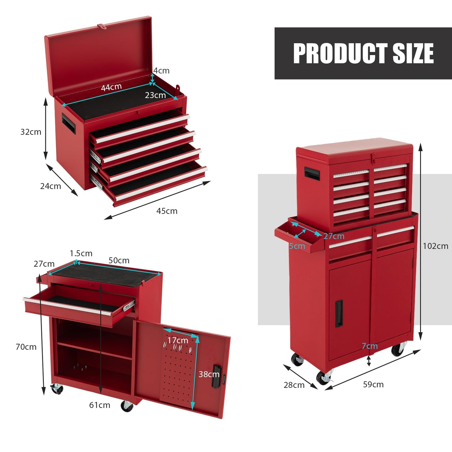 COSTWAY Large Rolling Tool Cabinet, 2-in-1 Detachable Metal Tool Chest with Drawers, Wheel, Handle, Hooks & Pegboard, Lockable Tool Box Trolley for Garage Workshop (with Adjustable Shelf, Red)