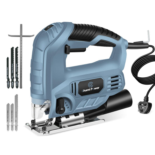 C P CHANTPOWER Jigsaw Tool, 600W 800-3000 SPM Jig Saw with 6 Variable Speed, 4 Orbital Sets, 6 T-Shank Saw Blades, Scale Ruler, ±45°Bevel Cutting Angle