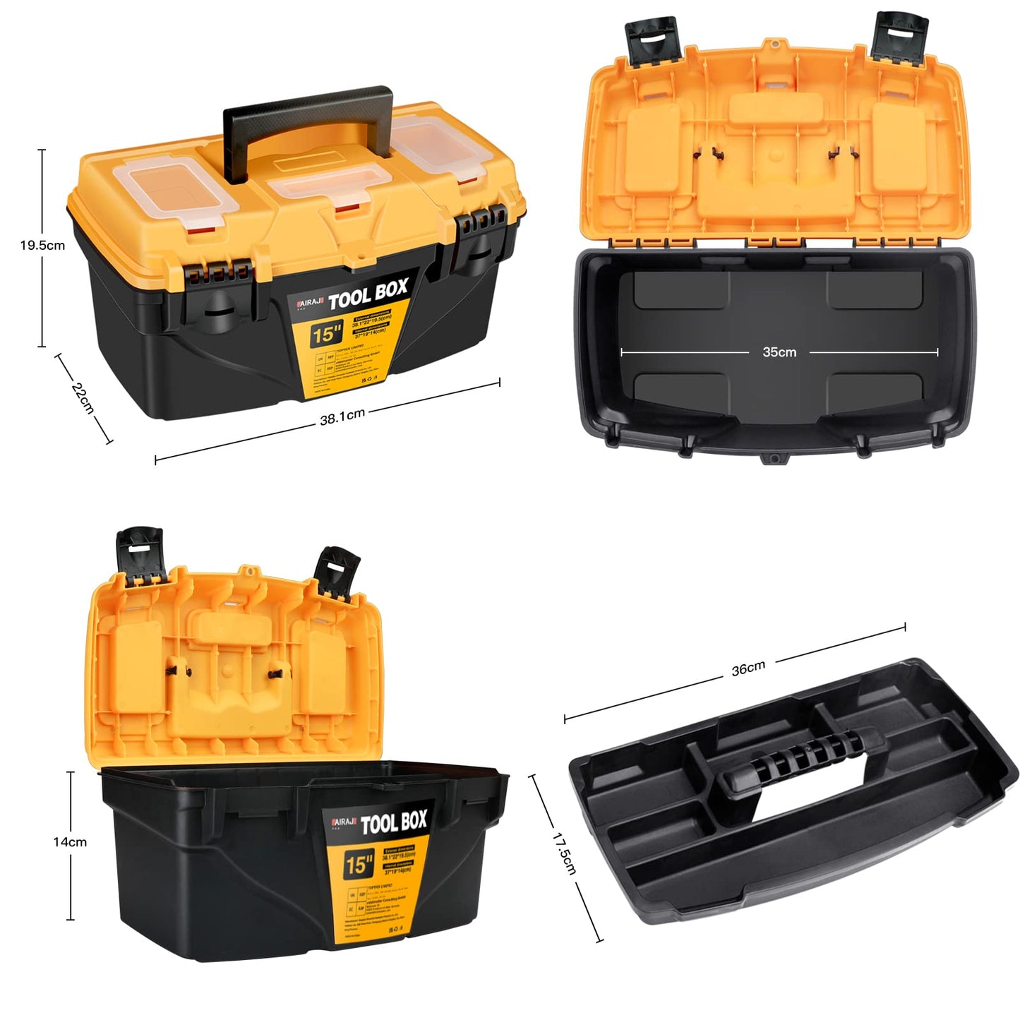 AIRAJ 15" Tool Box with Double Locking Buckle, Lightweight Plastic Tool Box with Removable Tray and Small Parts Box,Portable Tool Storage Box for Tools(38.1 * 22 * 19.5cm)