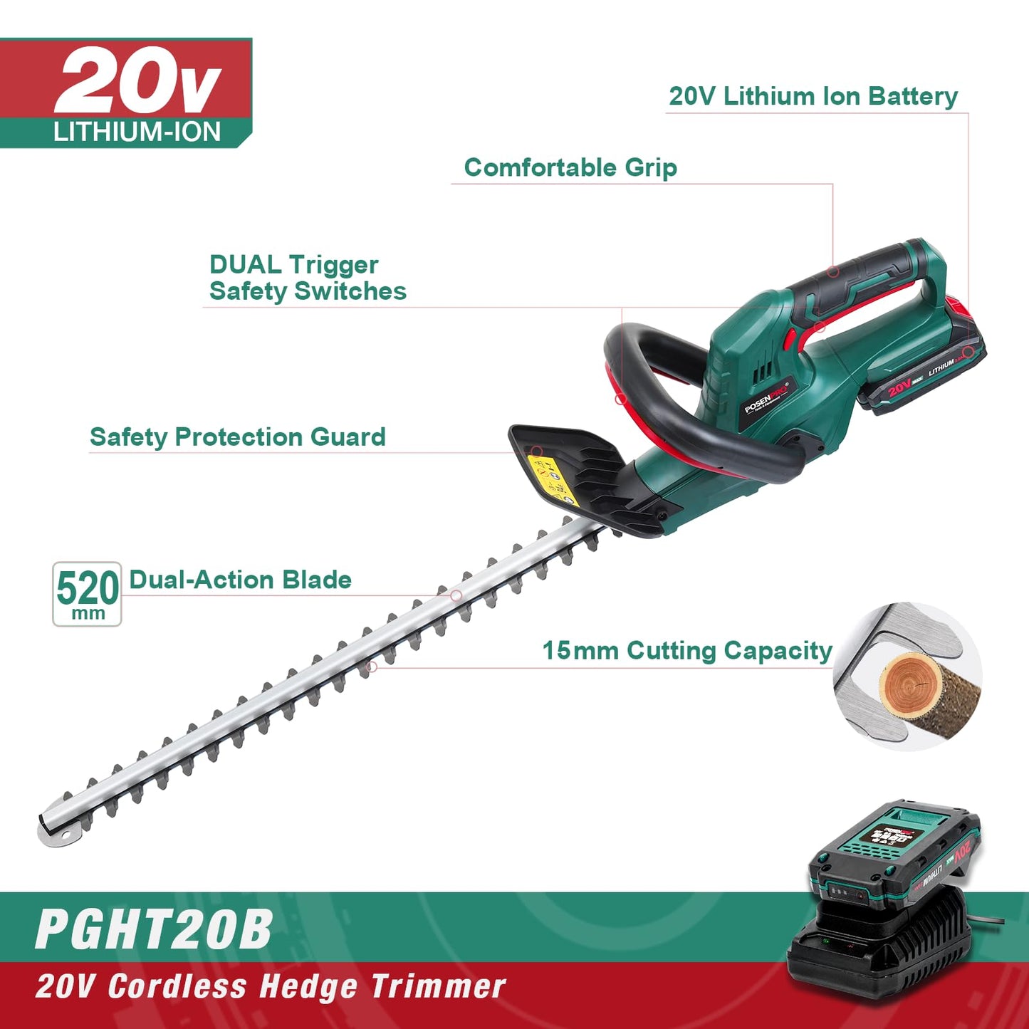 - POSENPRO 20V Cordless Hedge Trimmer | Lightweight Handheld Garden Cutter | Cordless Hedge Cutter with 2.0Ah Battery & Charger -