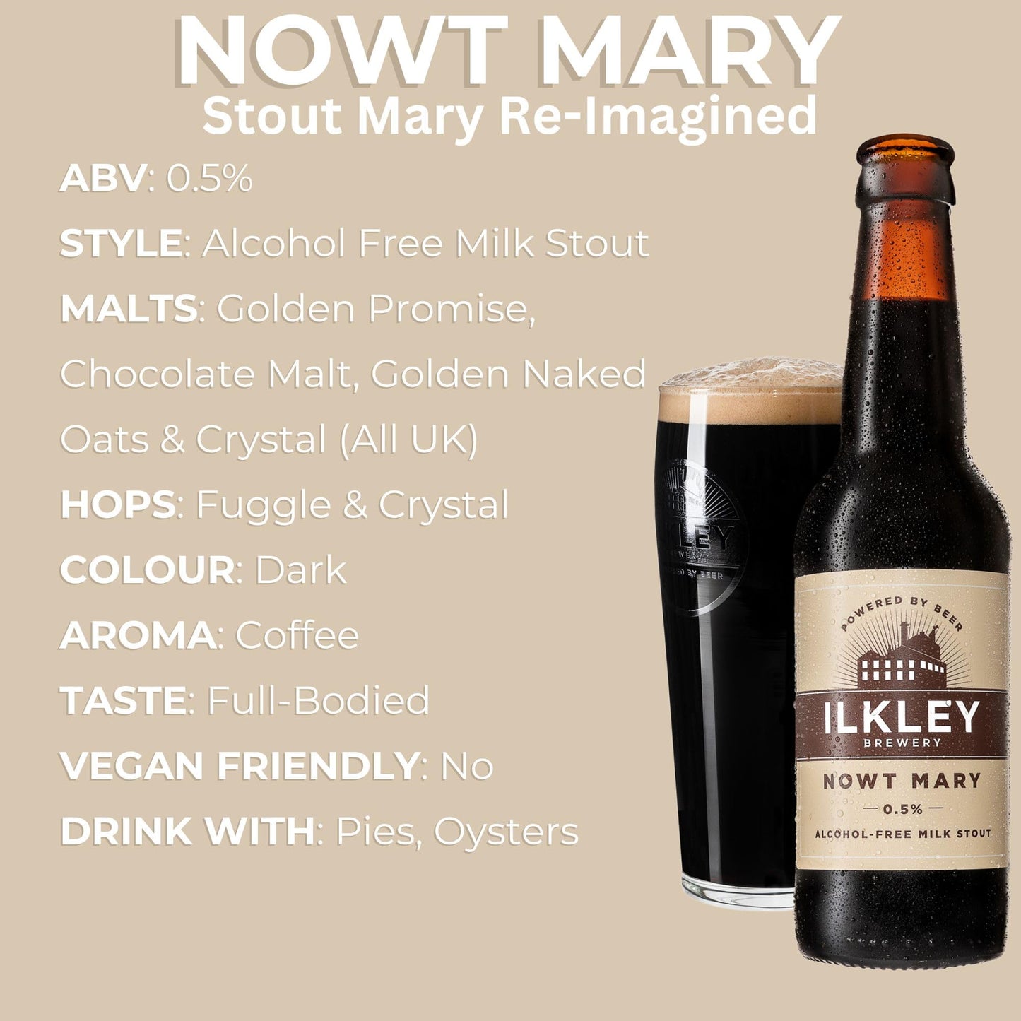 - Ilkley Brewery Alcohol Free Beers Nowt Mary Stout | Non-Alcoholic Ale Coffee Milk Stout 0.5% ABV Dark Beer | 12 x 330ml Bottles | Low Carb, Low Calorie Zero Alcohol Beers | Local Yorkshire Craft Ale -