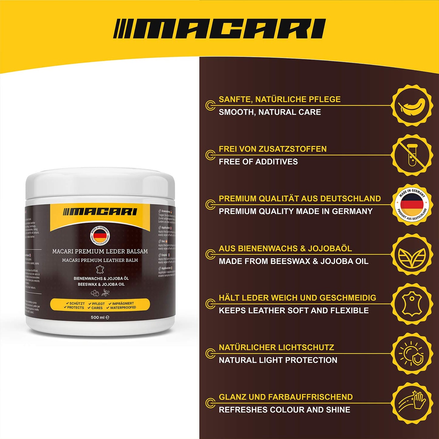 - Macari Leather Care | 500 ml Balm | 500 ml Cleaner | 2 Sponges | Leather Brush -