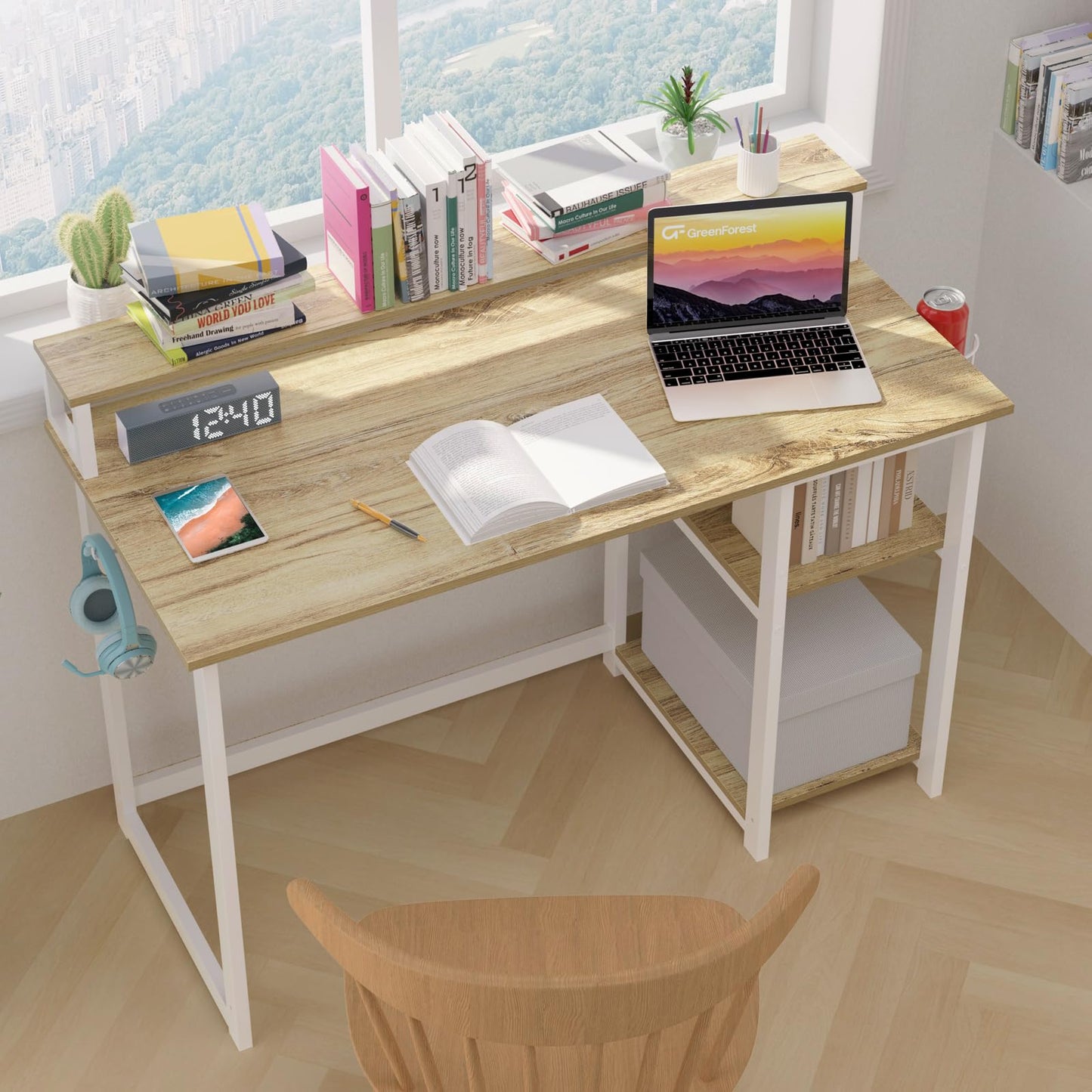 - GreenForest Computer Desk With Full Monitor Stand | 100cm Home Office Desk -