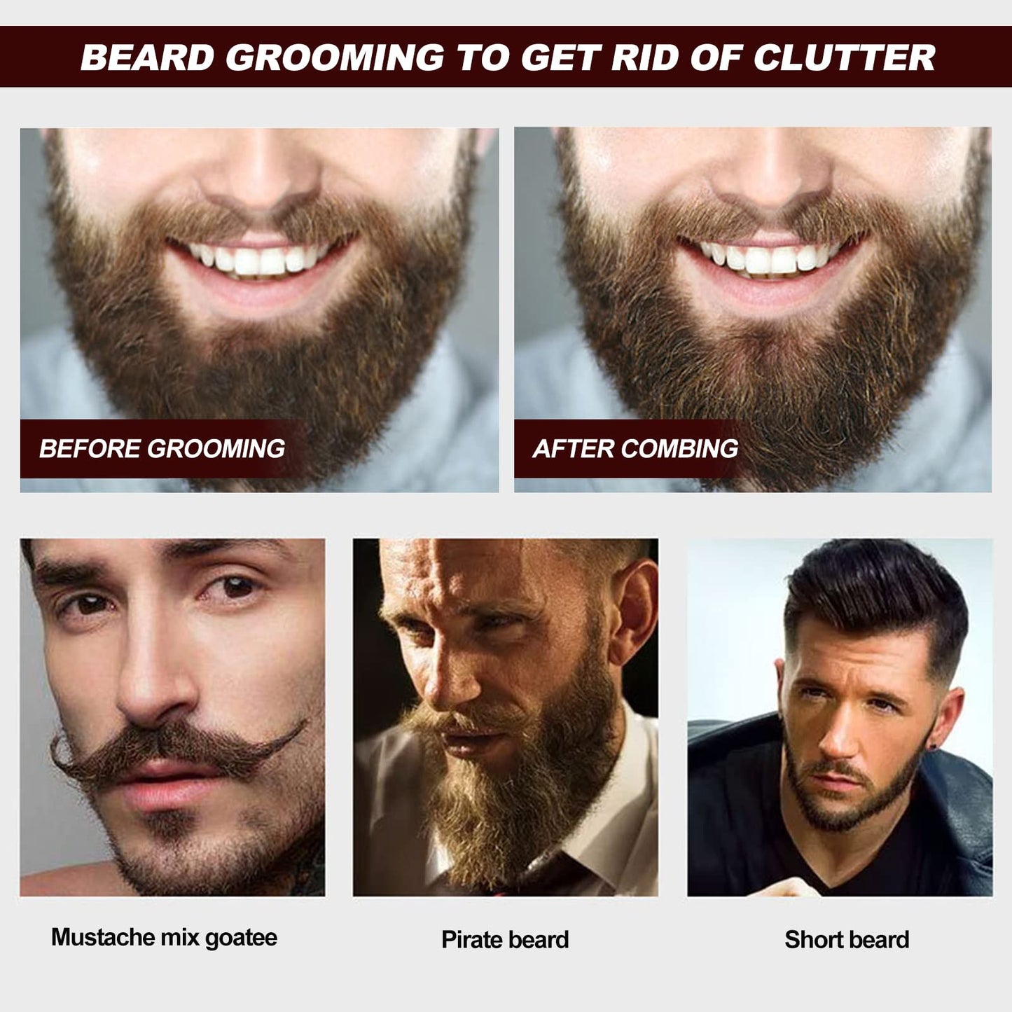 Beard Brush Comb Set for Men, Wooden Boar Bristle Hair Moustache Comb Beard Brush Set for Combing Beard Hair, Removing Debris, Massages Face