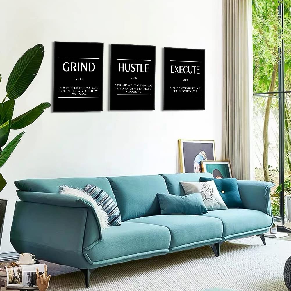 Artscope 3 Pieces Inspirational Motivational Words Wall Art Canvas Prints - Execute Hustle Grind Picture Painting - Modern Wall Artwork Framed for Gifts Bathroom Living Room Office Decor - 30 x 40 CM