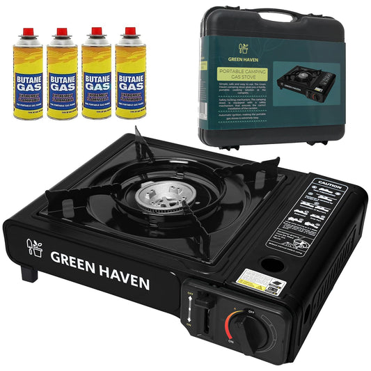 - GREEN HAVEN Black Portable Camping Stove | Comes With 4 Butane Gas & Carry Case -