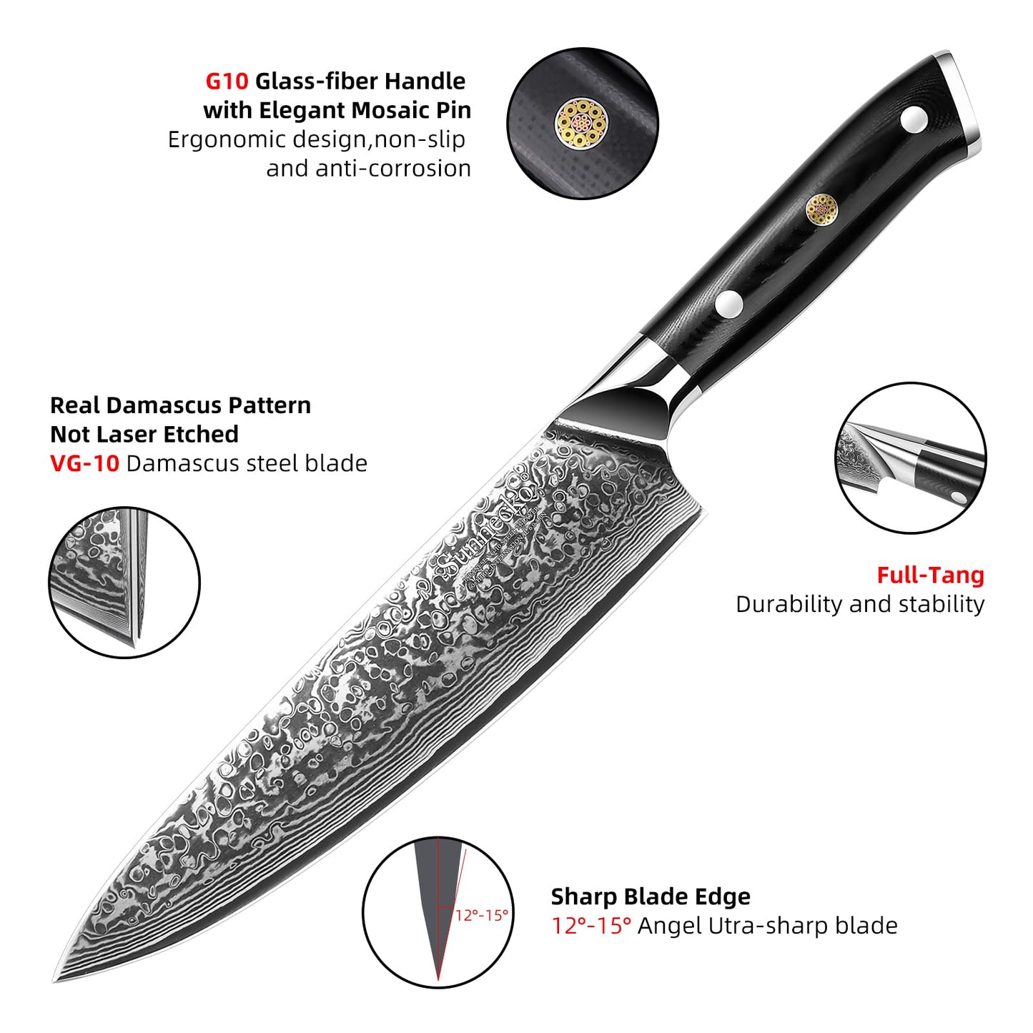 - Sunnecko Chef Knife 8 inch | Kitchen Knife with 73-Layer | VG10 Damascus Steel Sharp -