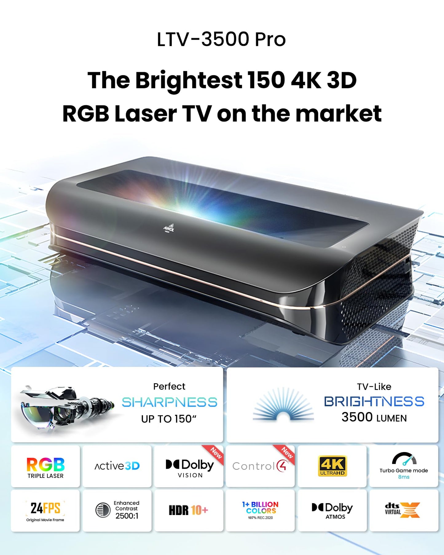 AWOL VISION LTV-3500 Pro 150" 4K Laser TV, 3500 Peak Lumens, Ultra Short Throw Projector 4K Laser HDR10+, with Dolby Vision& Atmos 3D Home Cinema UST Projector (Fire TV Stick 4K Max Included)