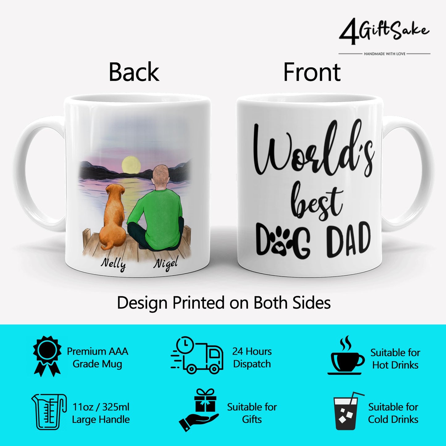 4GIFTSAKE Customised Boy Dog Coffee Mug - Ceramic Cup with Personalised Design for Dog Dad - Custom Names, Attire and Scenery - Unique Gift for Pet Lovers