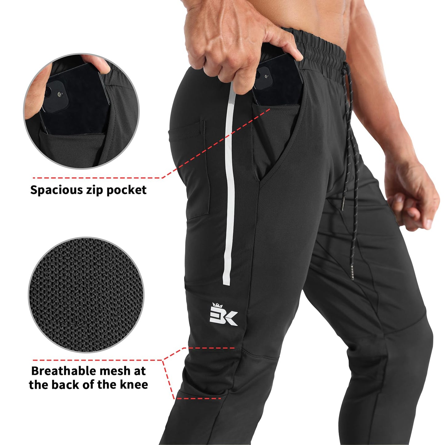 BROKIG Mens Lightweight Gym Jogger Tracksuit Bottoms, Athletic Fit Workout Pants with Zip Pocket Stretch Running Trousers for Men (Black,S)