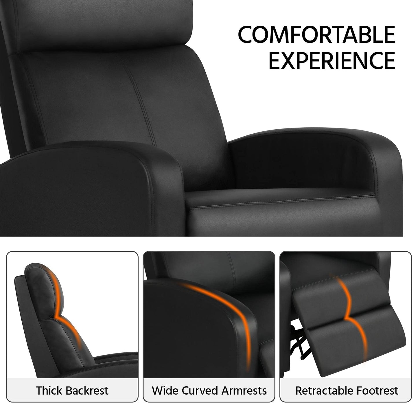 - Yaheetech Recliner Armchair Single Padded Seat, PU Black Leather Recliner For Lounge.