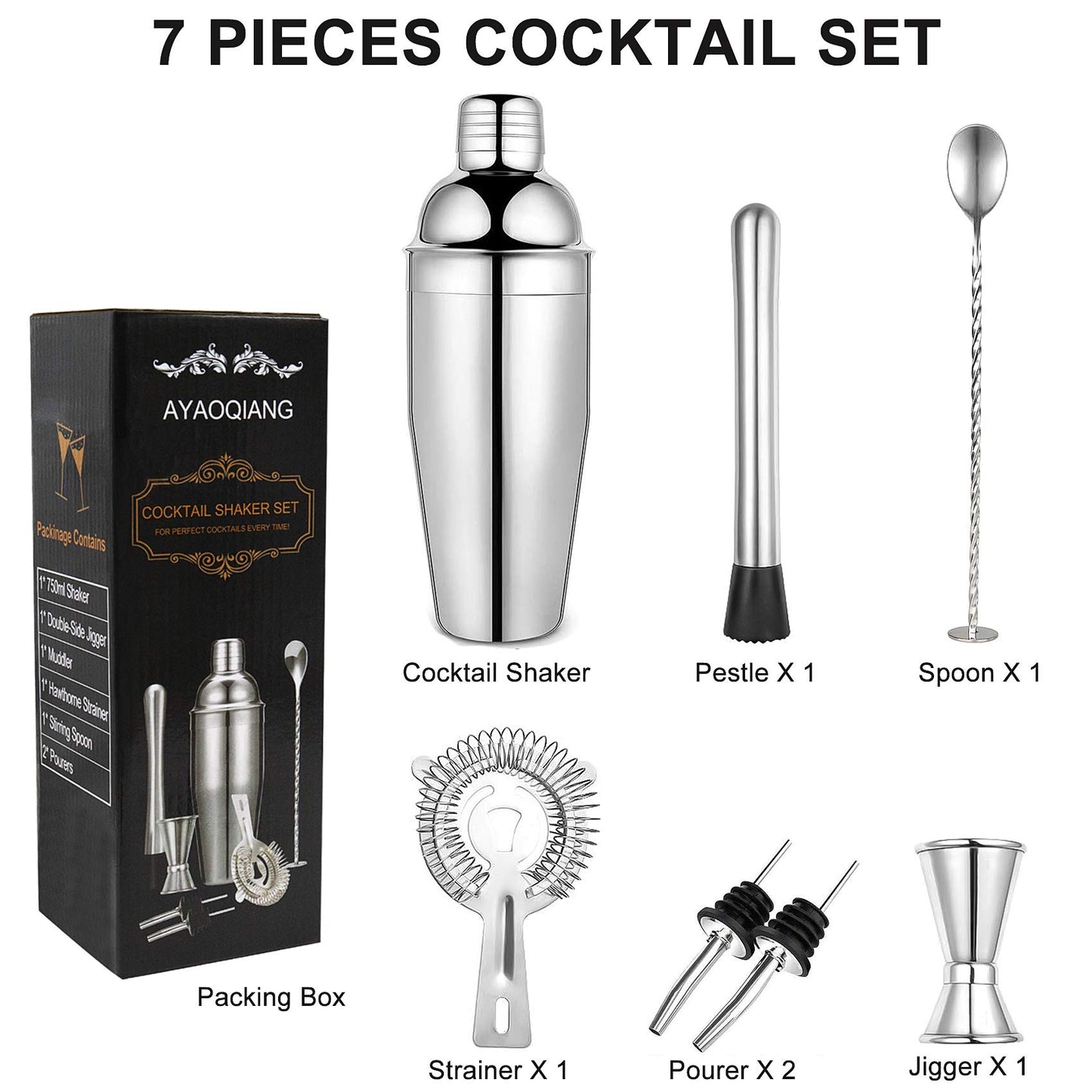 Cocktail Shakers Set,7 Pieces Cocktail Making Kit,Cocktail Shaker Set 750ml Stainless Steel Bar Tool Set Bartender Kit with Double Jigger,Muddler,Strainer,Pourers,Mixing Spoon