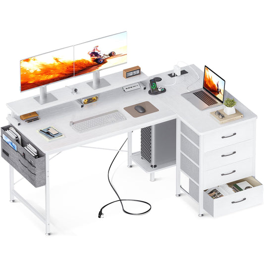- ODK Corner Desk with Drawers | L Shaped Computer Desk | USB Charging Port -