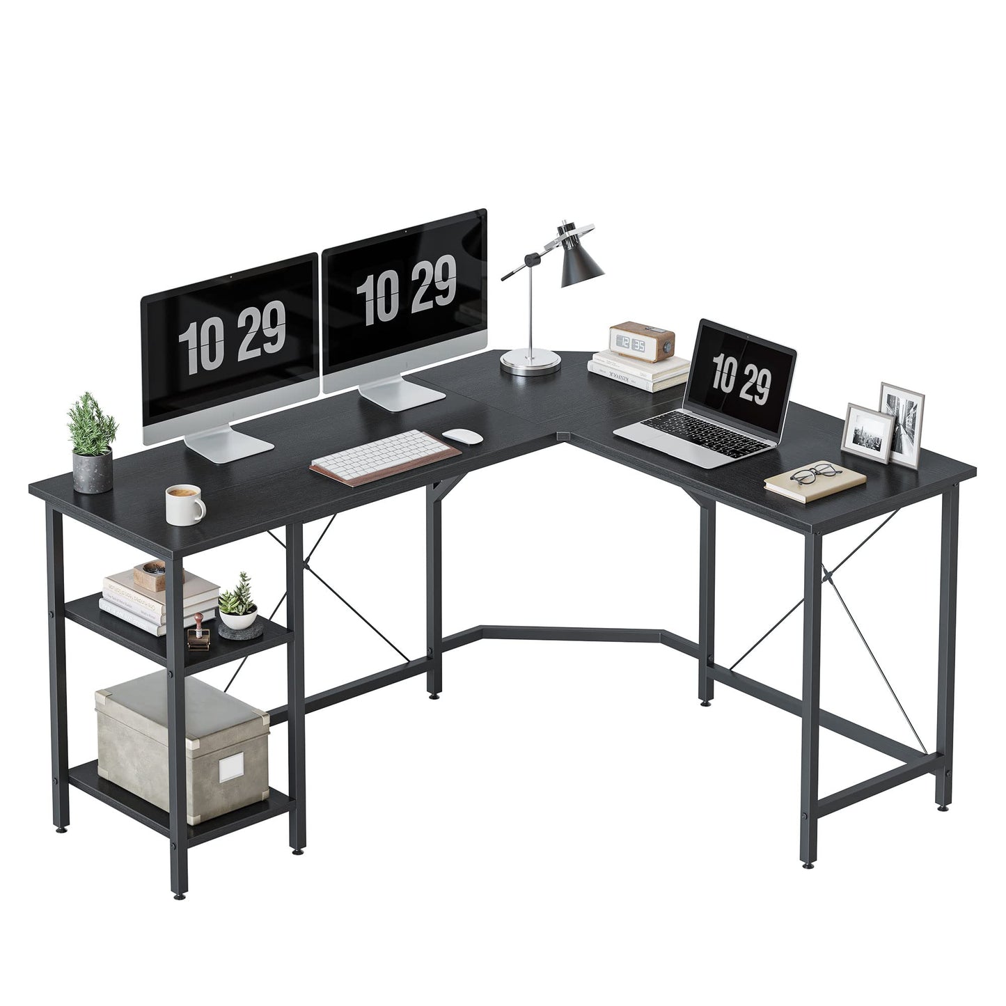 CubiCubi L Shaped Computer Desk, 150 cm Industrial Office Desk with Storage Shelves, White Wood and Metal Corner Desk for Home Office, Black