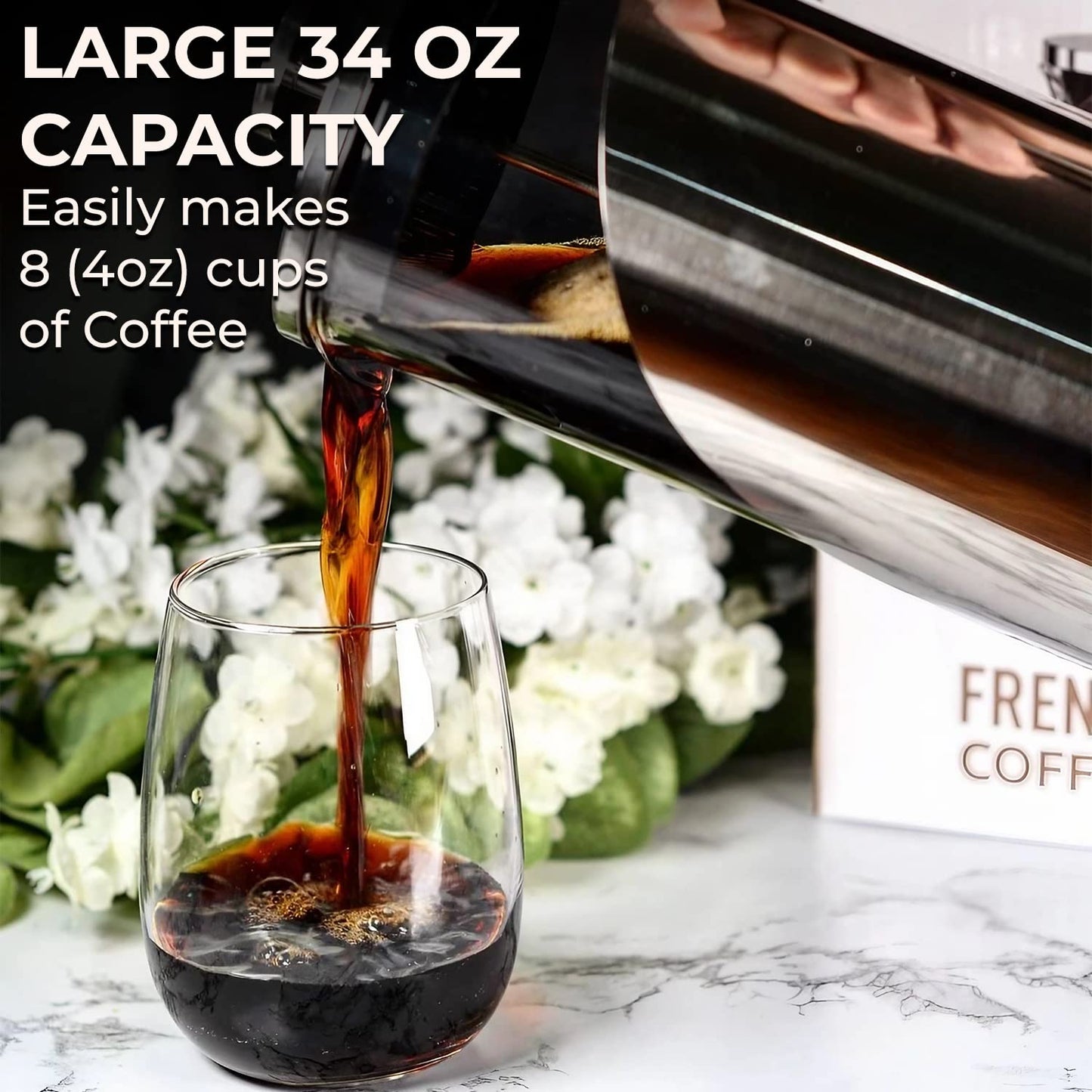 Cafe Du Chateau French Press Coffee Maker, Large Cafetiere - Stainless Steel Coffee Press & Tea Brewer, Coffee Brewer & Plunger, 4-Level Filtration French Press, 34oz