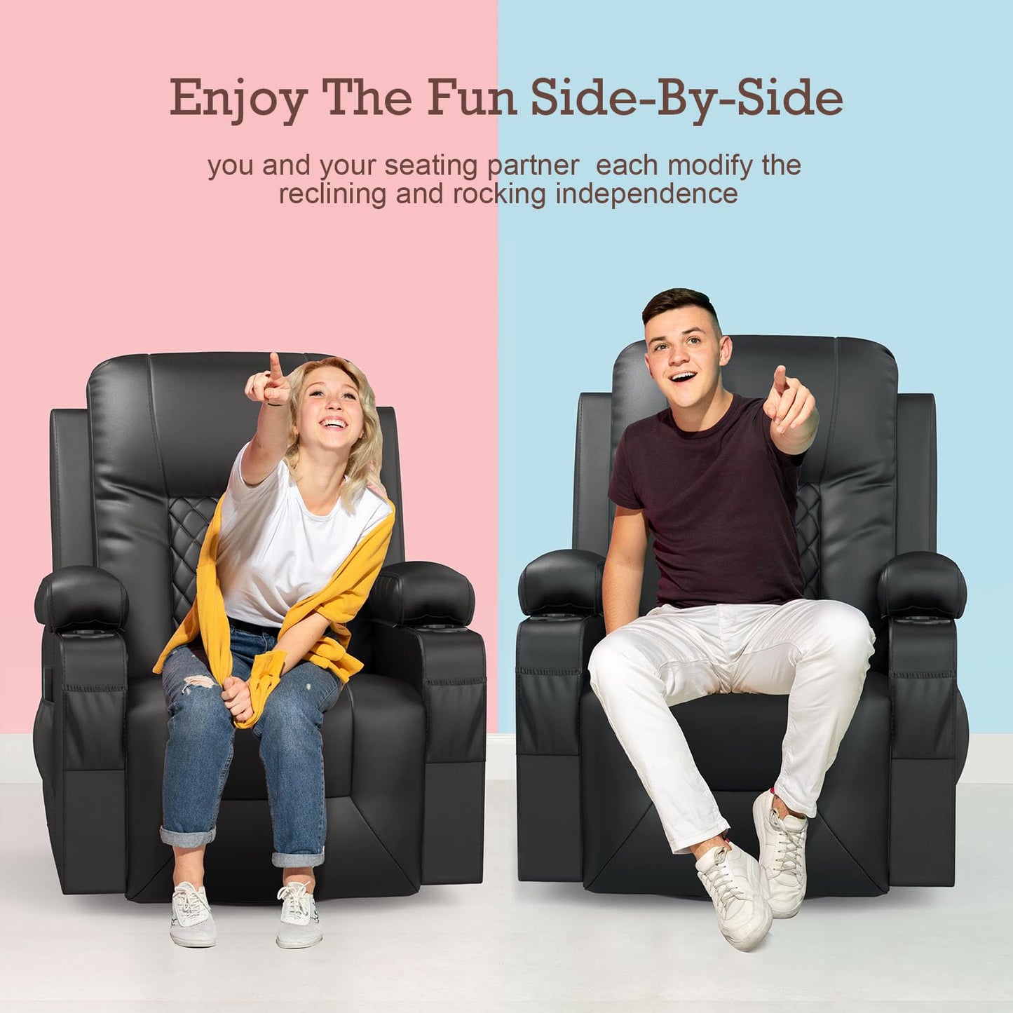 - YONISEE Recliner Chair, Swivel Recliner Rocker Chairs with 360° Rotate & 125° Rocking Mechanism, Extended Footrest, Swivel Armchair Single Sofa Living Room Lounge with Drink Holders & Side Pockets