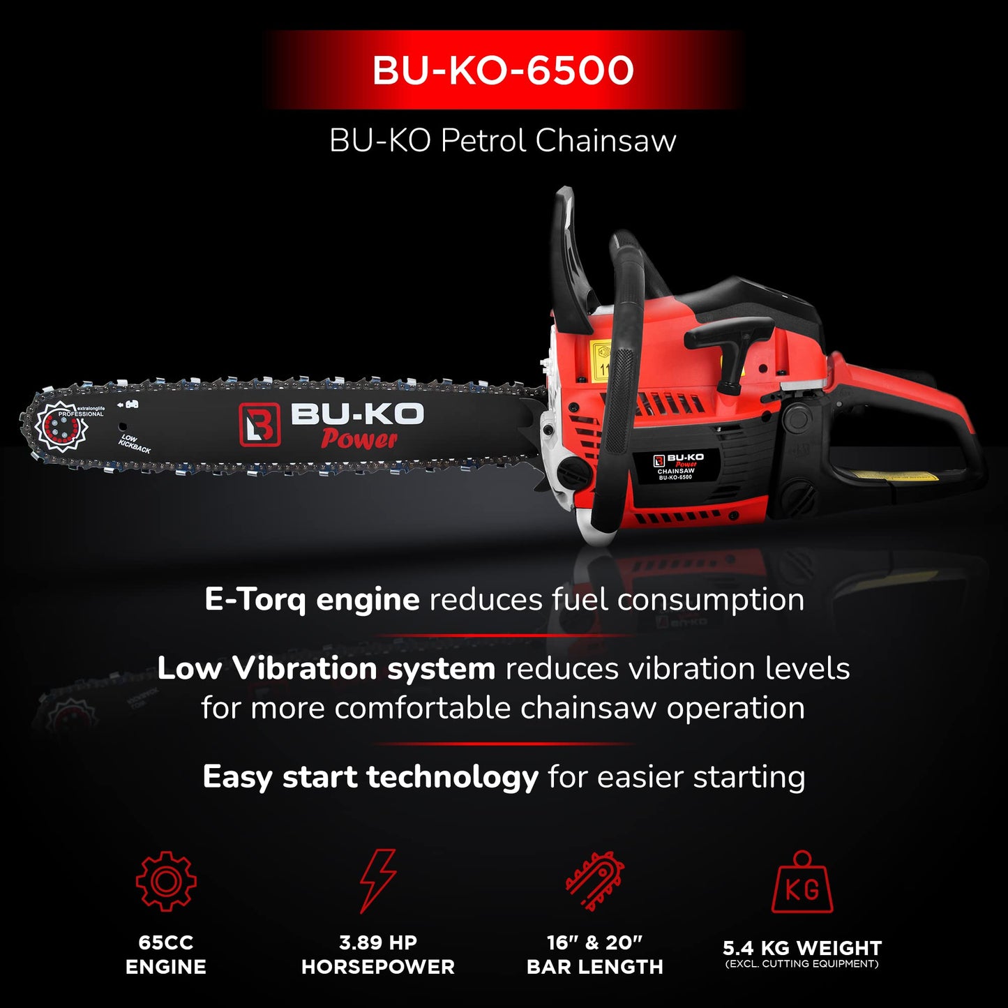 BU-KO 65cc Petrol Chainsaw 3.89HP 20" Bar with 2 Chains and 16" Bar with 2 Chains - Cover Bag and Full Safety Gear…