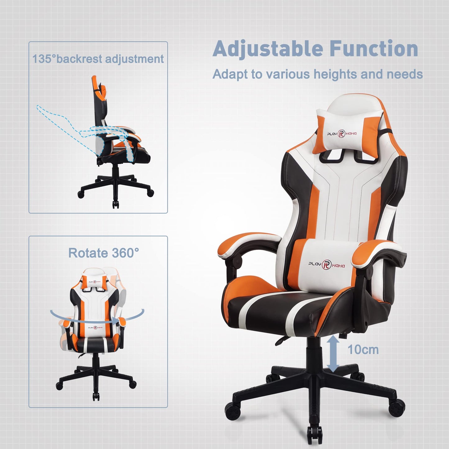 - T-THREE | Ergonomic Leather Gaming Chair | Height Adjustable with Headrest and Lumbar Support | Orange -