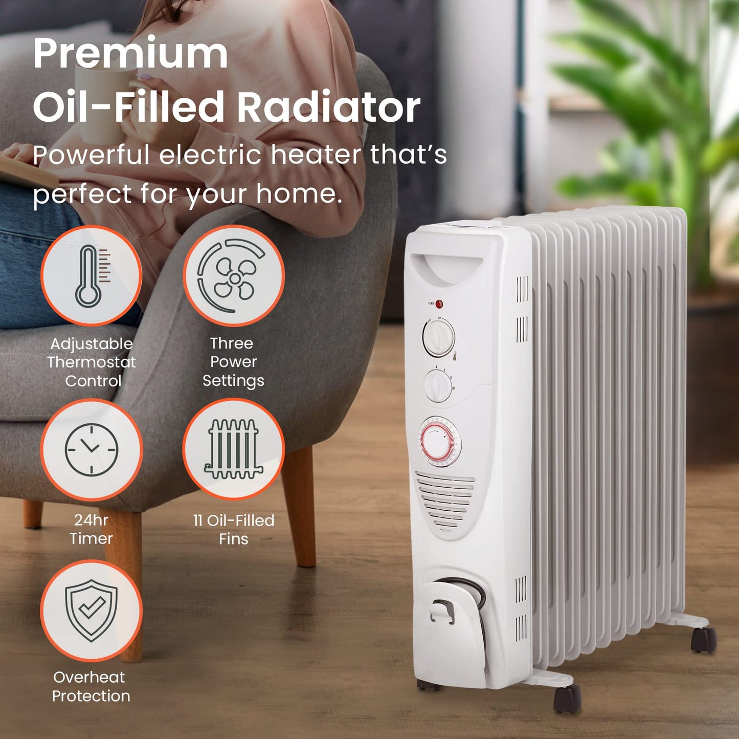 - Pro Breeze® 2500W Oil Filled Radiator | 11 Fin | Portable Electric Heater -