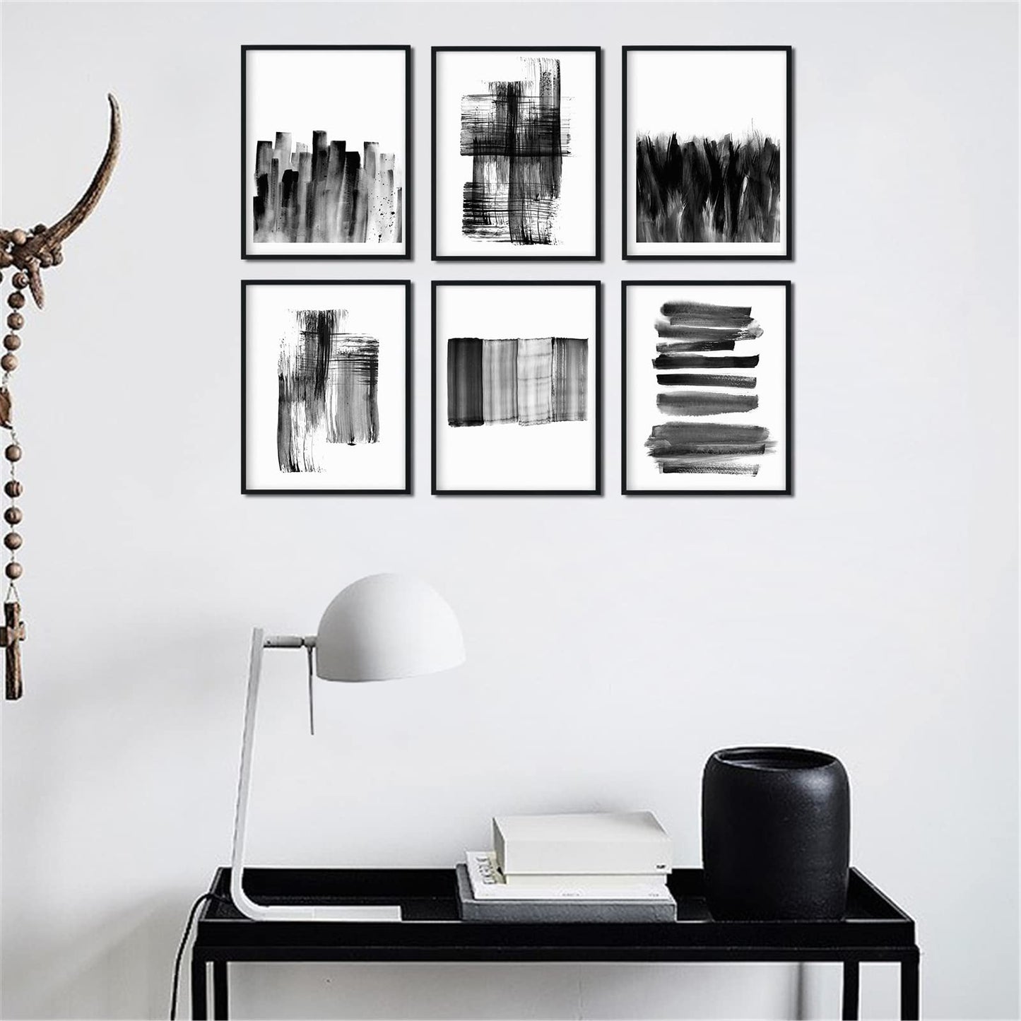 Abstract Black And White Prints - Grey Writing Brush Line Wall Art Pictures for Office Decoration Unframed 8 x 10 Inches 6 Pieces Minimalist Style Paper Paintings Decor for Kitchen Bedroom Living Room