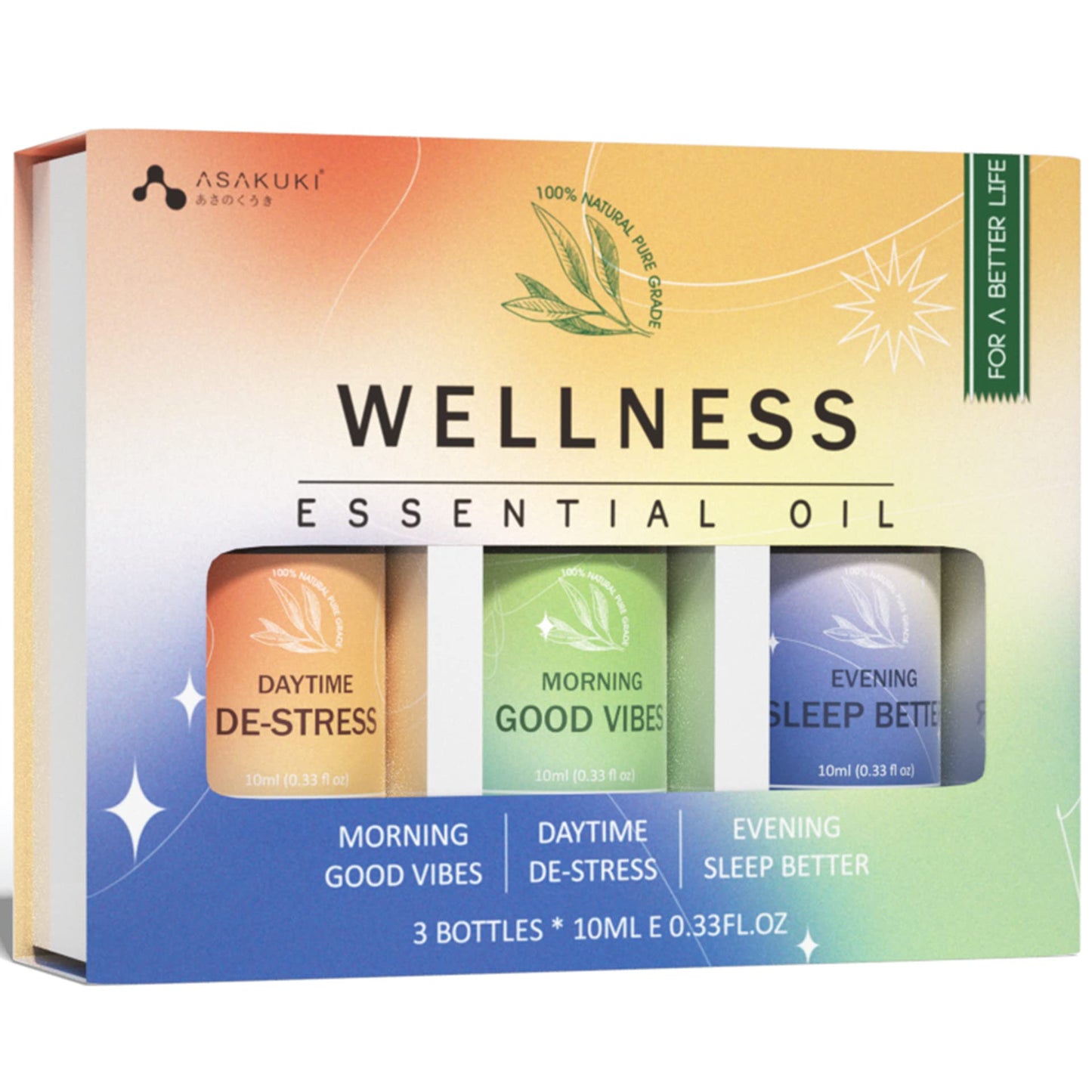 ASAKUKI Wellness Essential Oils Gift Set ā 100% Pure Aromatherapy Diffuser Blends Oils, Therapeutic Grade, Help for Uplift Mind, Calm Stress & Anxiety, Allay Tiredness, Sleep Better - 3 * 10mL