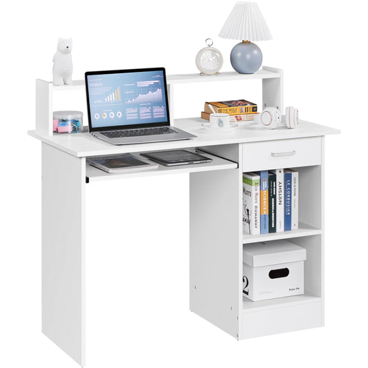 - Yaheetech 106x50x94cm Computer Desk with Storage Shelves/Keyboard Tray/Drawer/ for Home Office in White.